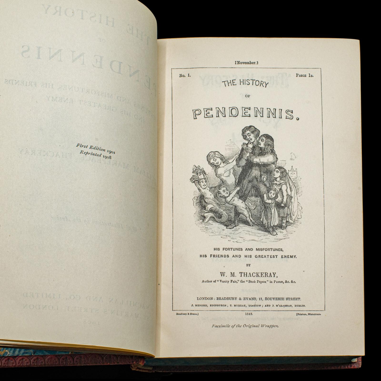 20ième siècle Livre ancien Pendennis de William Thackeray, Novel, Fiction, Édouardien, C.1908 en vente