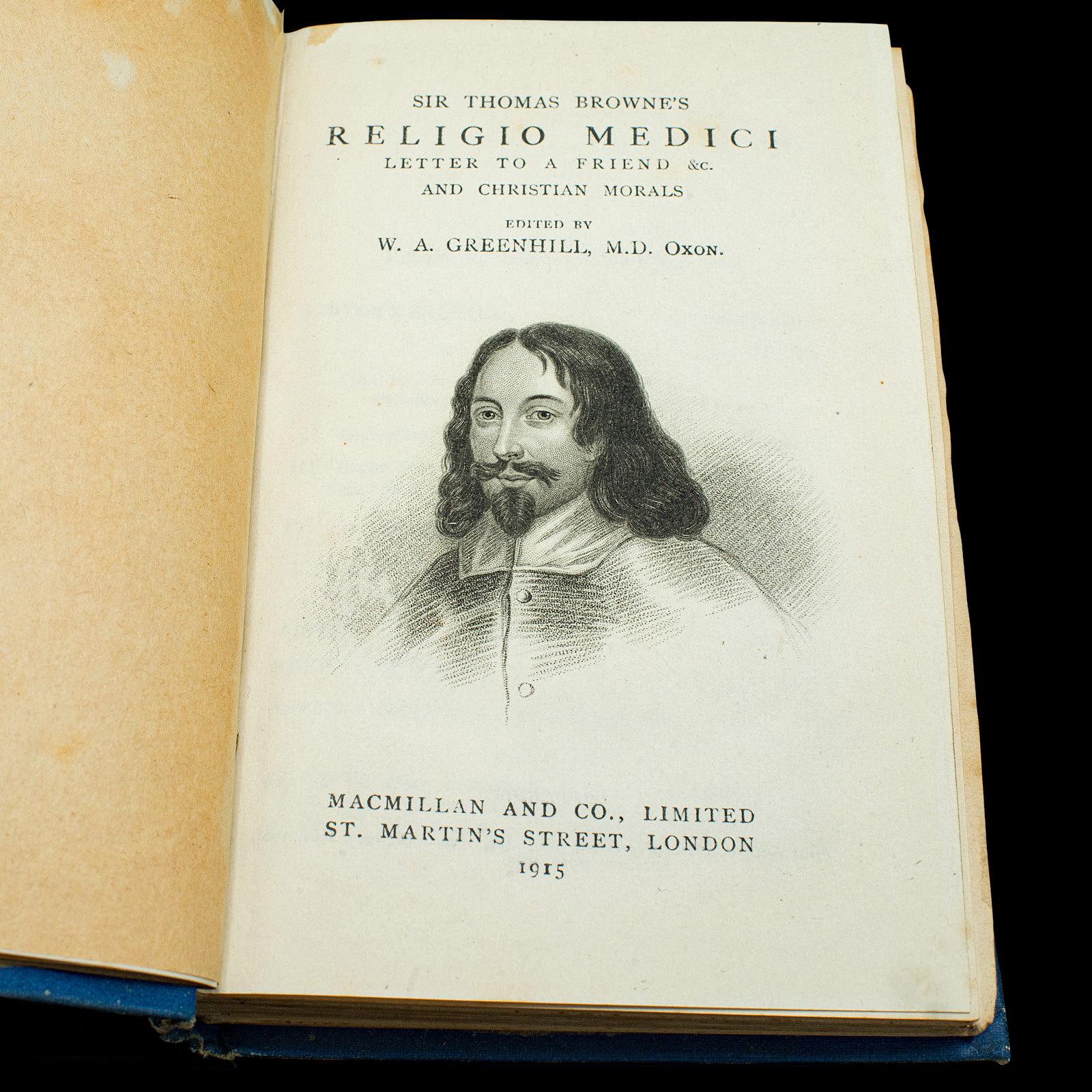 20th Century Antique Book, Religio Medici, Sir Thomas Browne, English Language, Dated 1915 For Sale