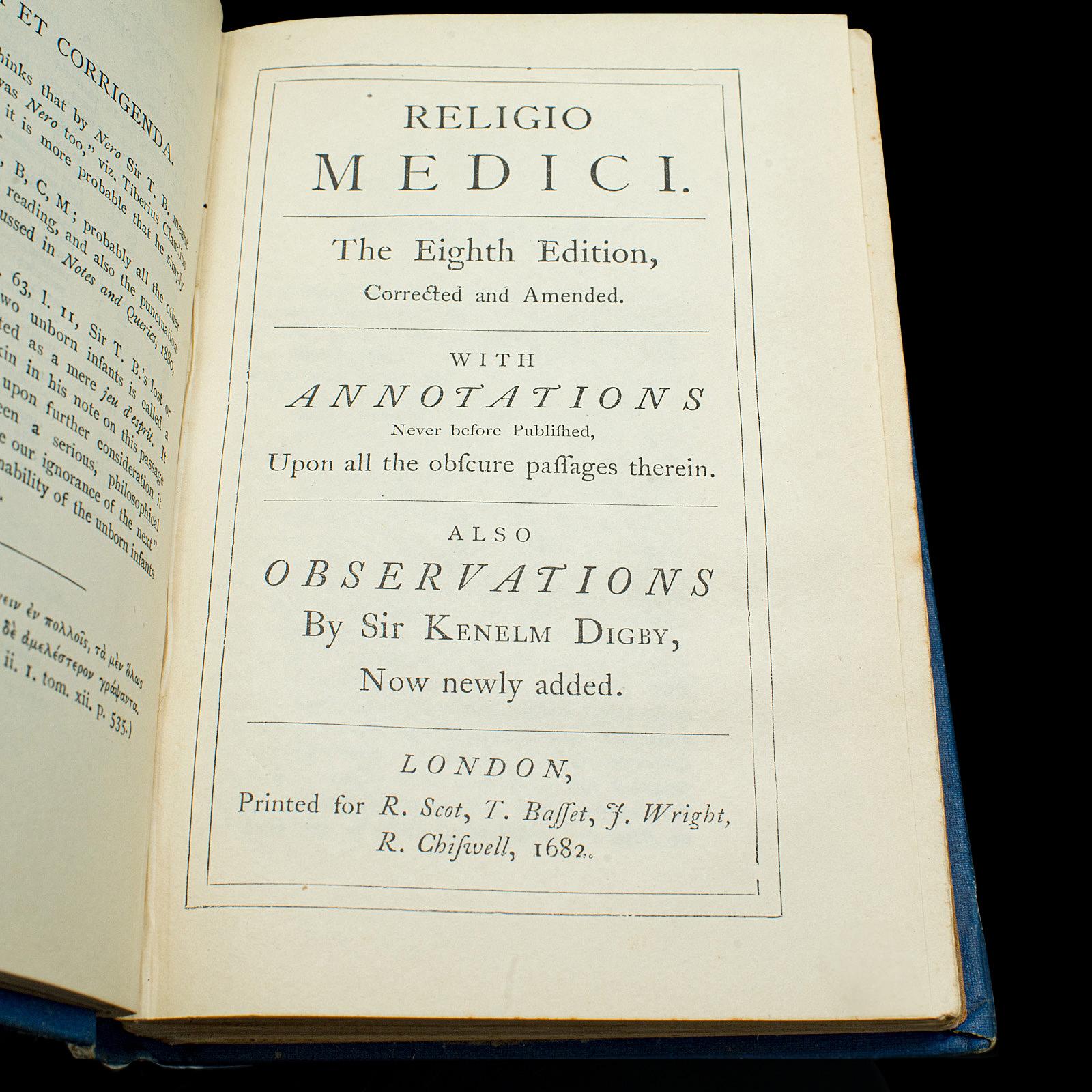 Antique Book, Religio Medici, Sir Thomas Browne, English Language, Dated 1915 For Sale 1