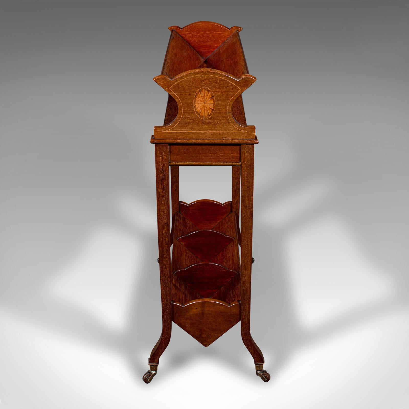 British Antique Book Trough Stand, English, Walnut, Boxwood, Lounge Bookcase, Edwardian