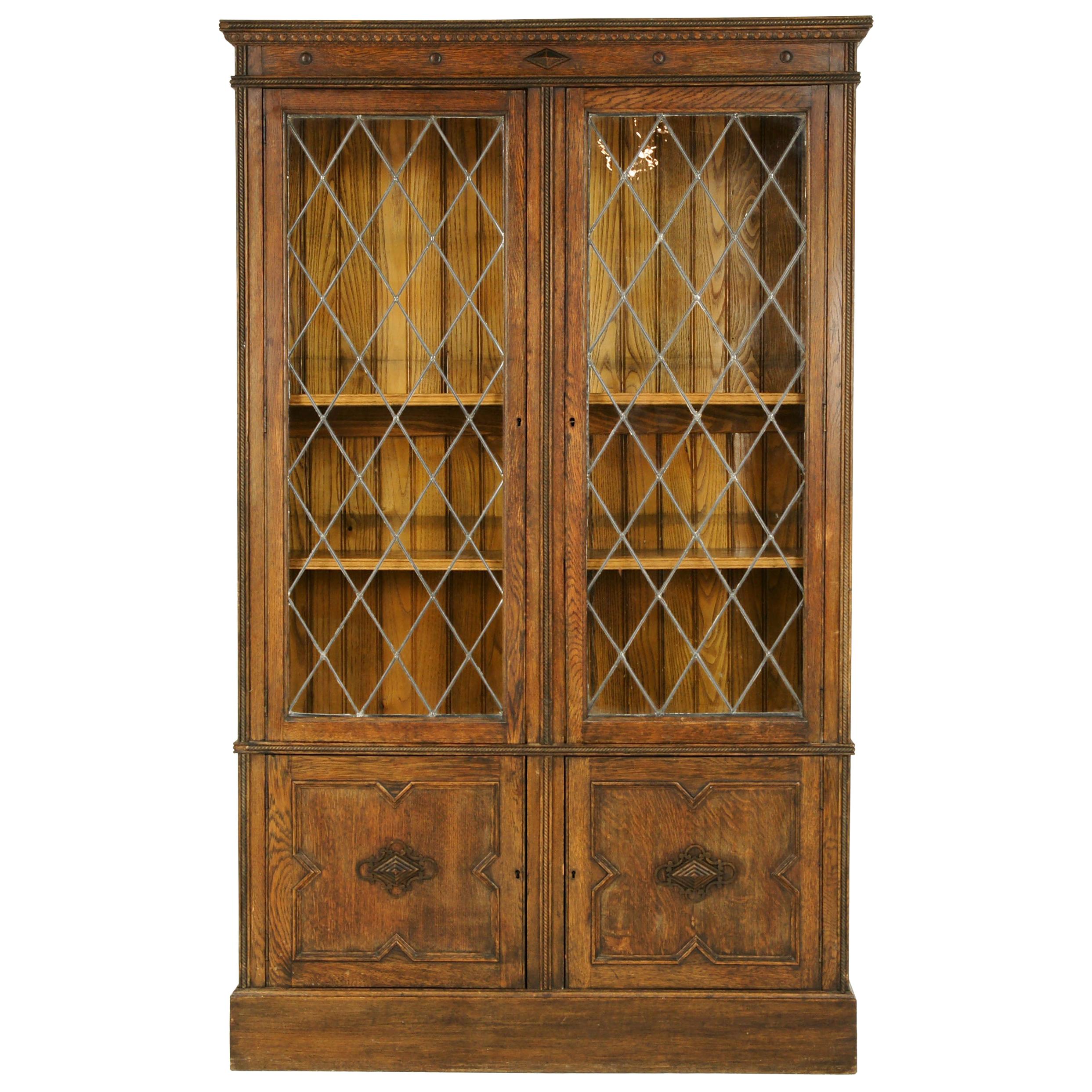 Antique Bookcase, Leaded Glass Bookcase, Display Cabinet, Arts and Crafts, B1356