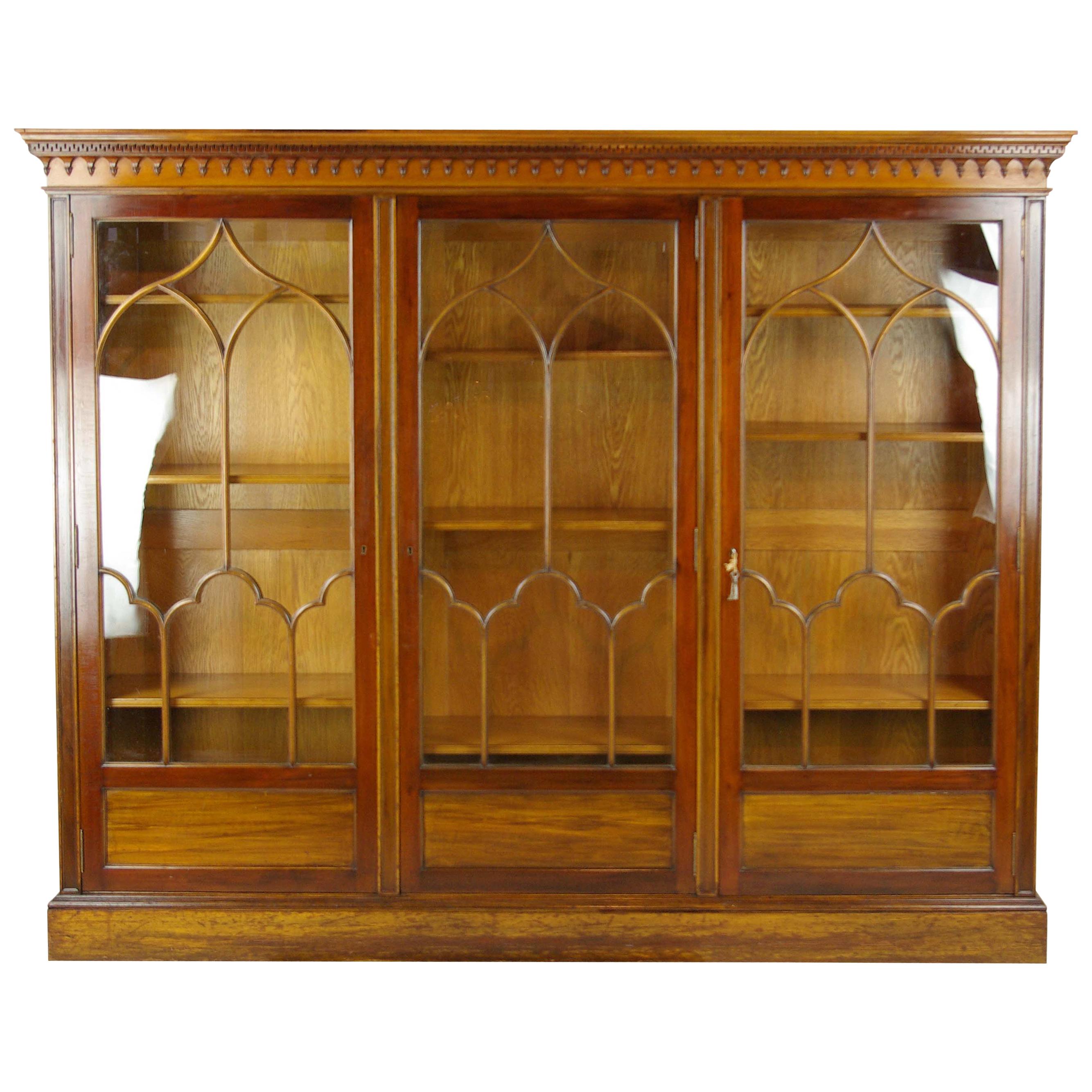 Antique Bookcase, Walnut Display Cabinet, 3 Door Bookcase, Scotland 1900, B1275