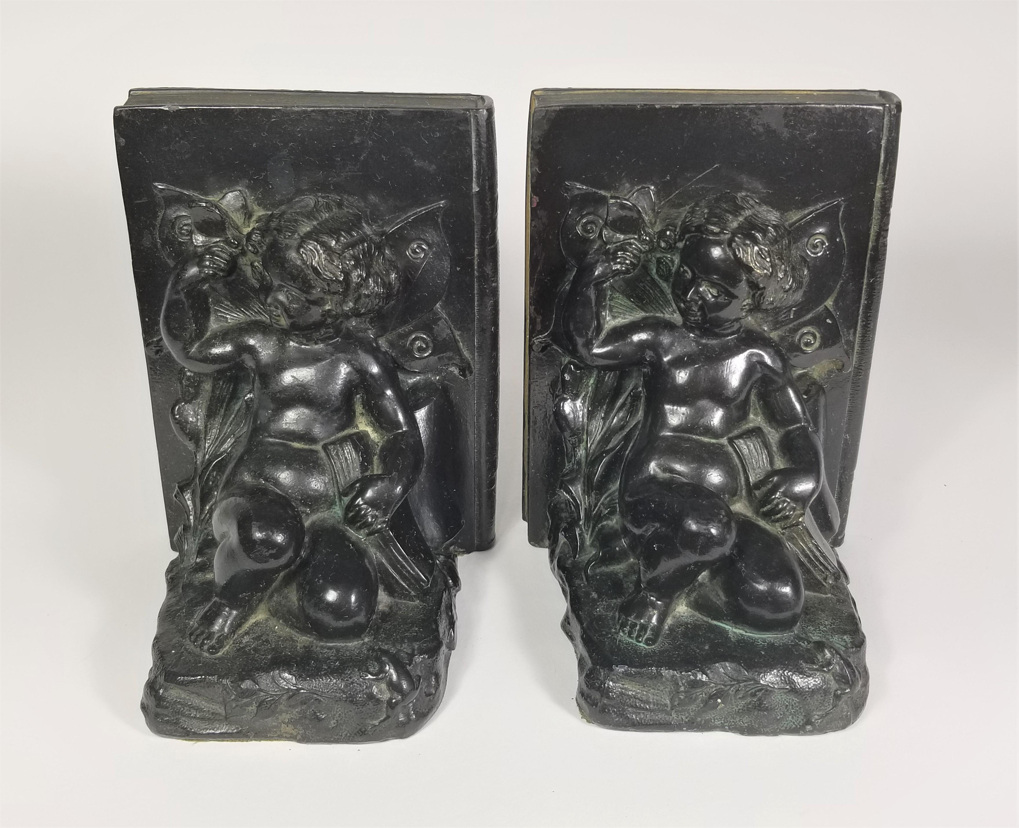 Antique Bookends Ronson Art Metal Works Cherub 1920s Art Deco In Good Condition In New York, NY
