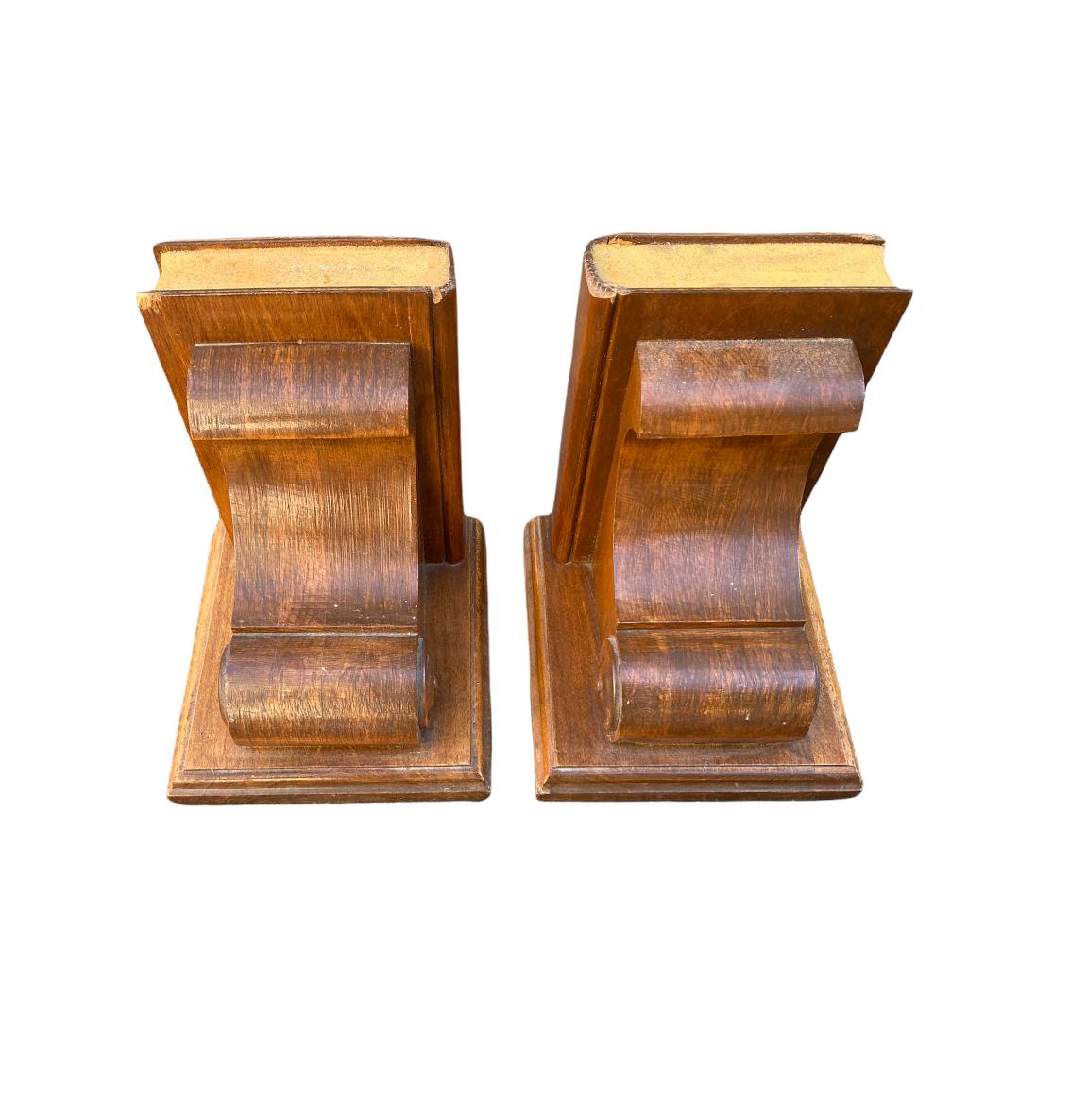 Wood Antique Bookends with Academic Motif