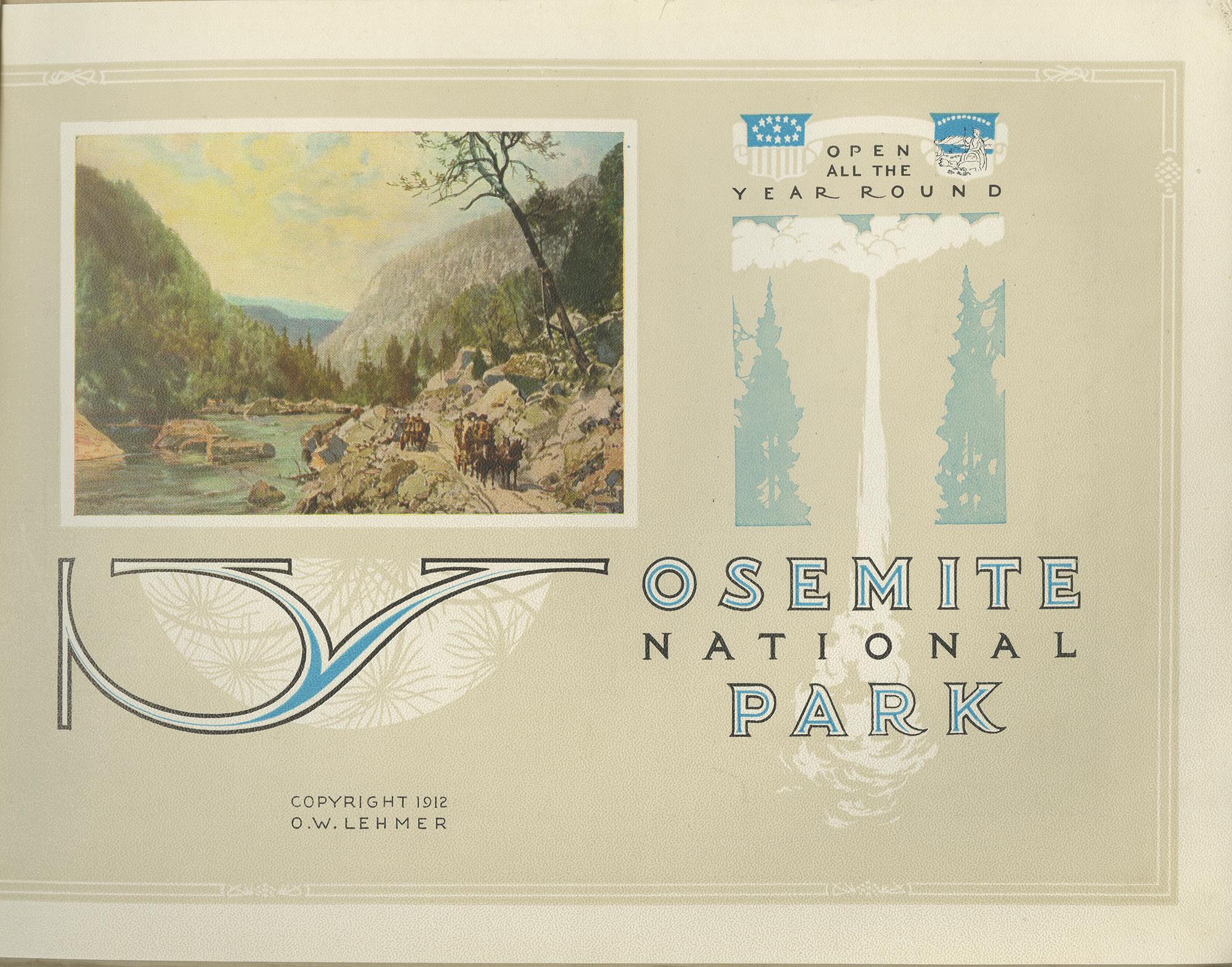 'Yosemite National Park' by O.W. Lehmer. 65 illustrations, of which 14 are in color, original embossed cream wrappers printed in gold, color illustration affixed to front wrapper, string tied. An elaborate, well-illustrated booklet issued by