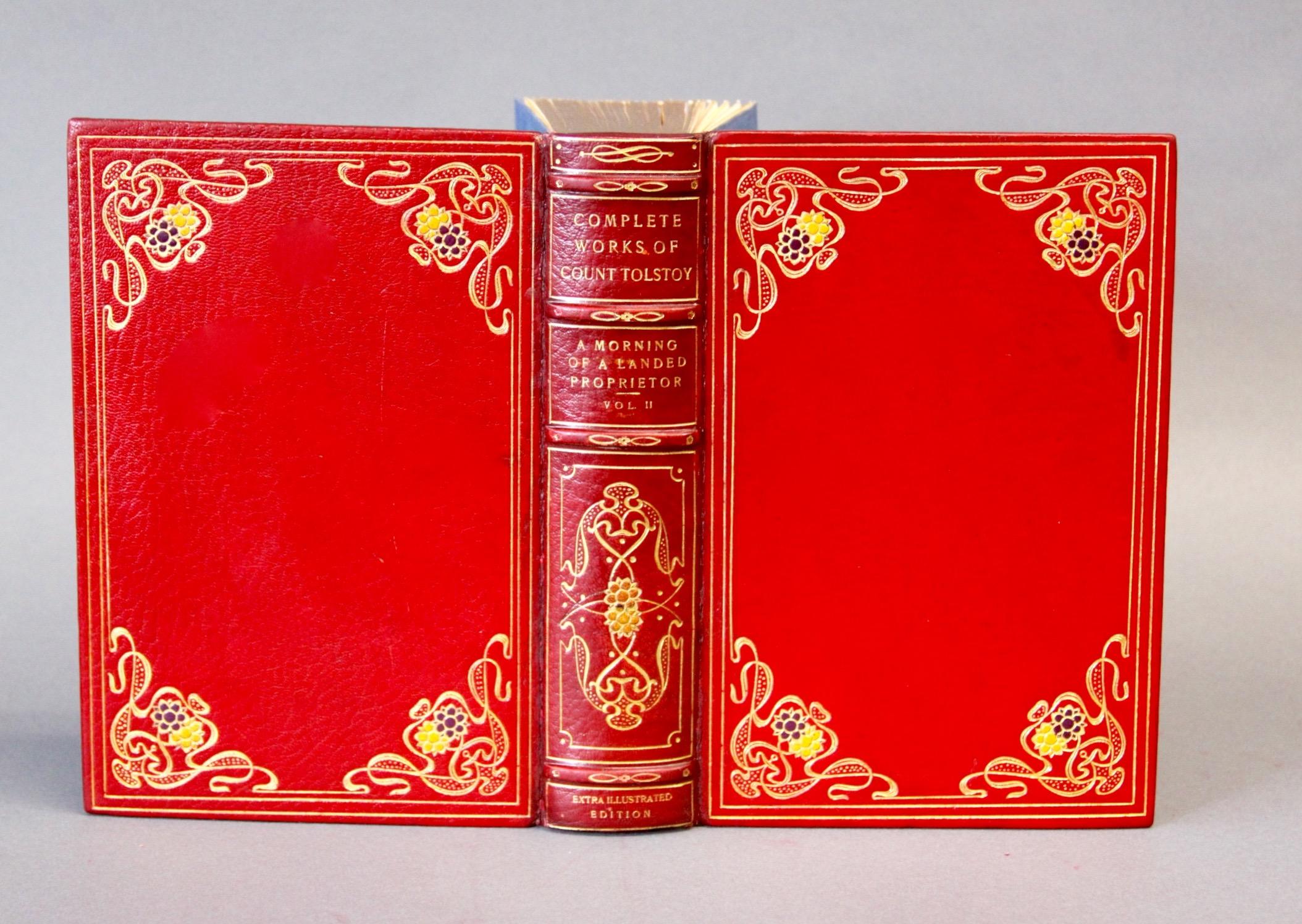 Antique books. Twenty-four volumes. Published: New York, The Chaucer Company, 1900s. The Complete Works of Count Leo Tolstoy. Extra illustrated edition, limited to twenty-five copies which this is number 7. Each volume to frontispiece with a hand