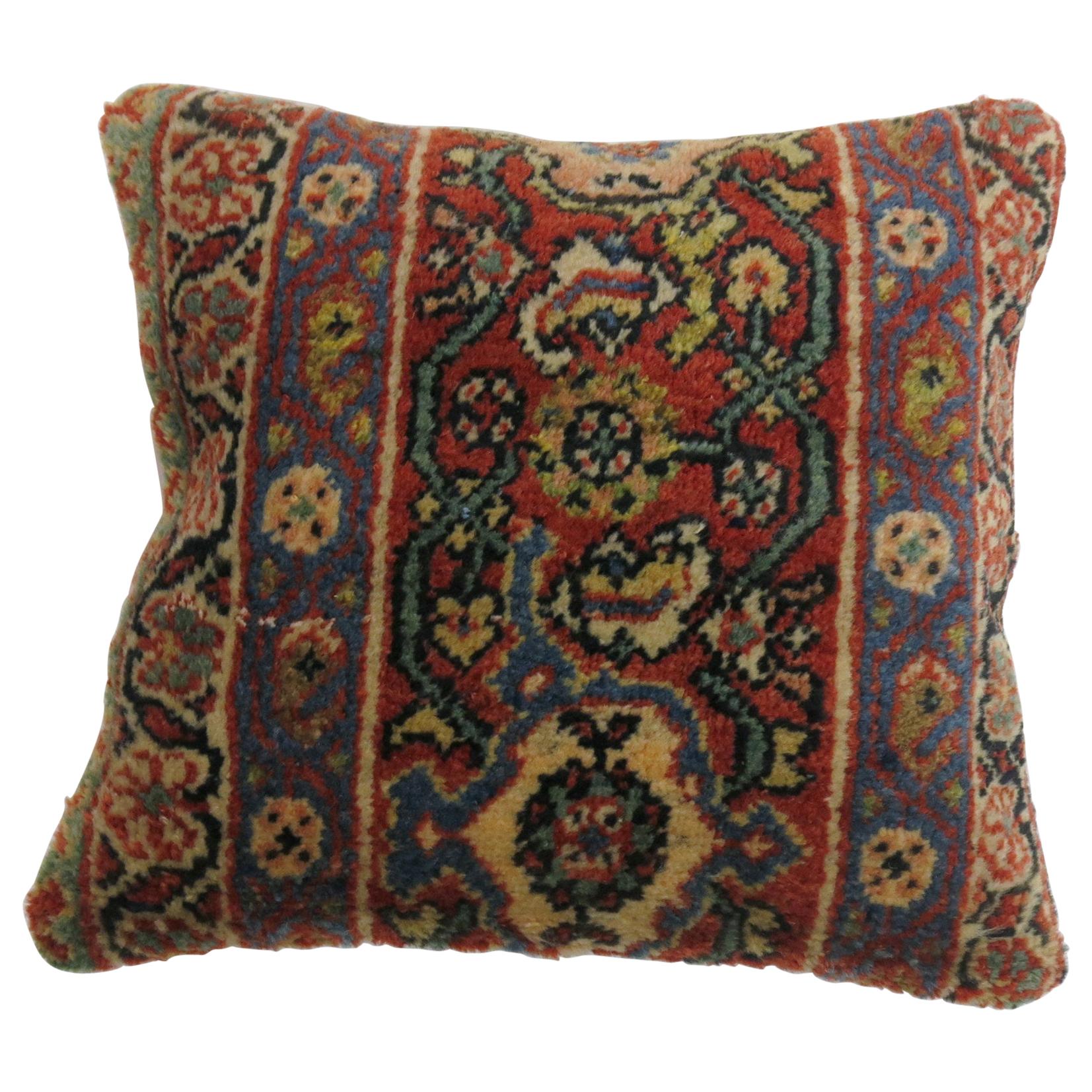 Antique Border Persian Rug Pillow in Red White and Blue