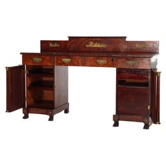Antique Boston Period Napoleonic Flame Mahogany Double Pedestal Sideboard c1820