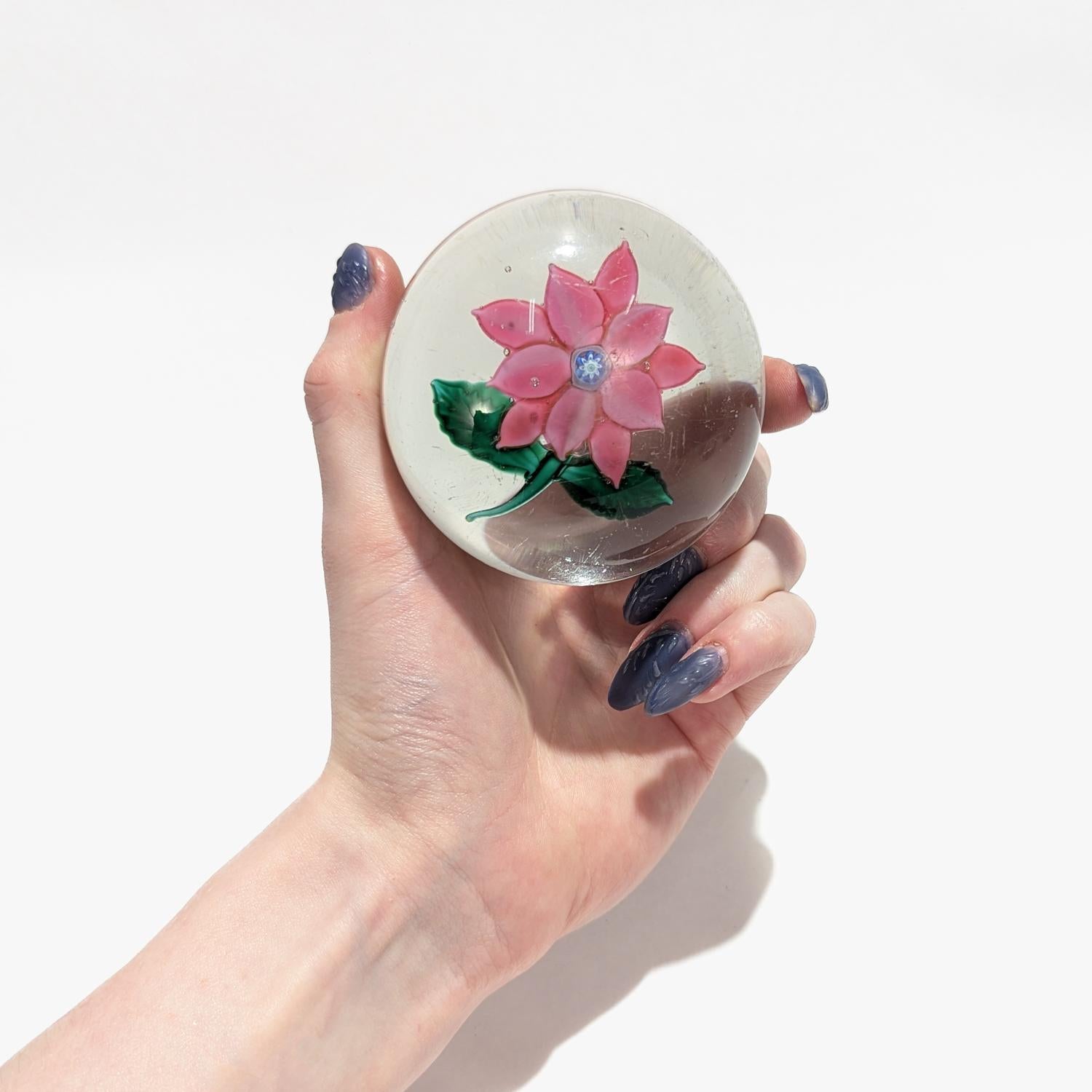 Un fino pisapapeles americano antiguo.

Por Boston and Sandwich Glass Company.

Con una poinsettia rosa de 10 pétalos con dos hojas sobre un fondo transparente.

La caña central presenta una rara combinación de estrella y dentado en una copa