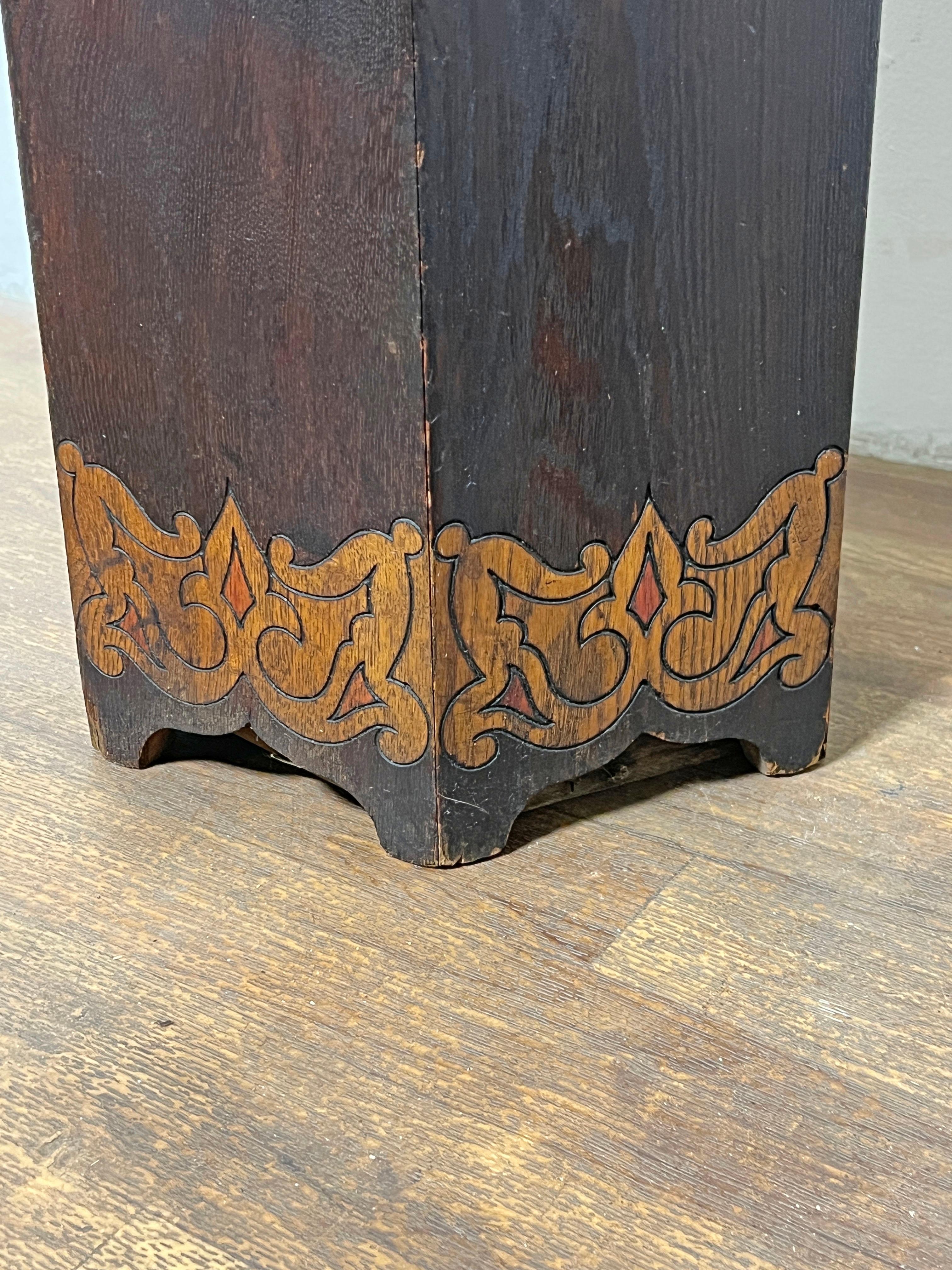 Arts and Crafts Antique Boston School Arts & Crafts Pyrographic Oak Umbrella Stand For Sale