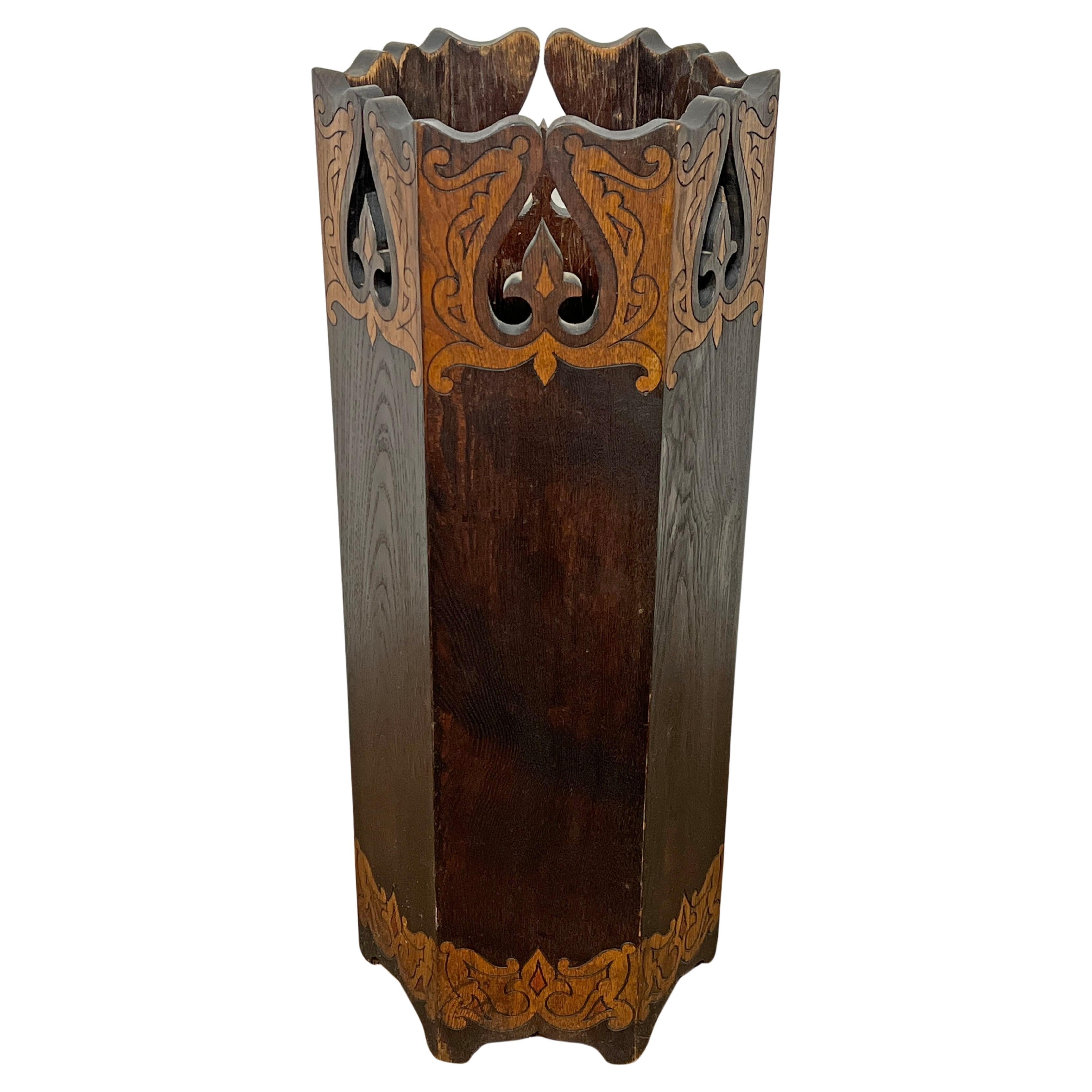 Antique Boston School Arts & Crafts Pyrographic Oak Umbrella Stand For Sale