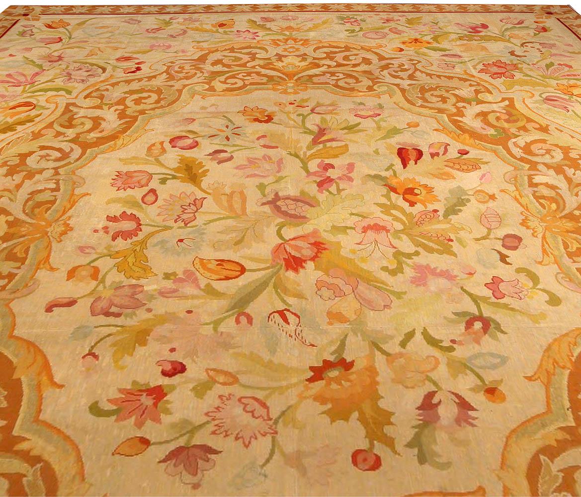 French Antique Botanic Orange Needlework Carpet For Sale
