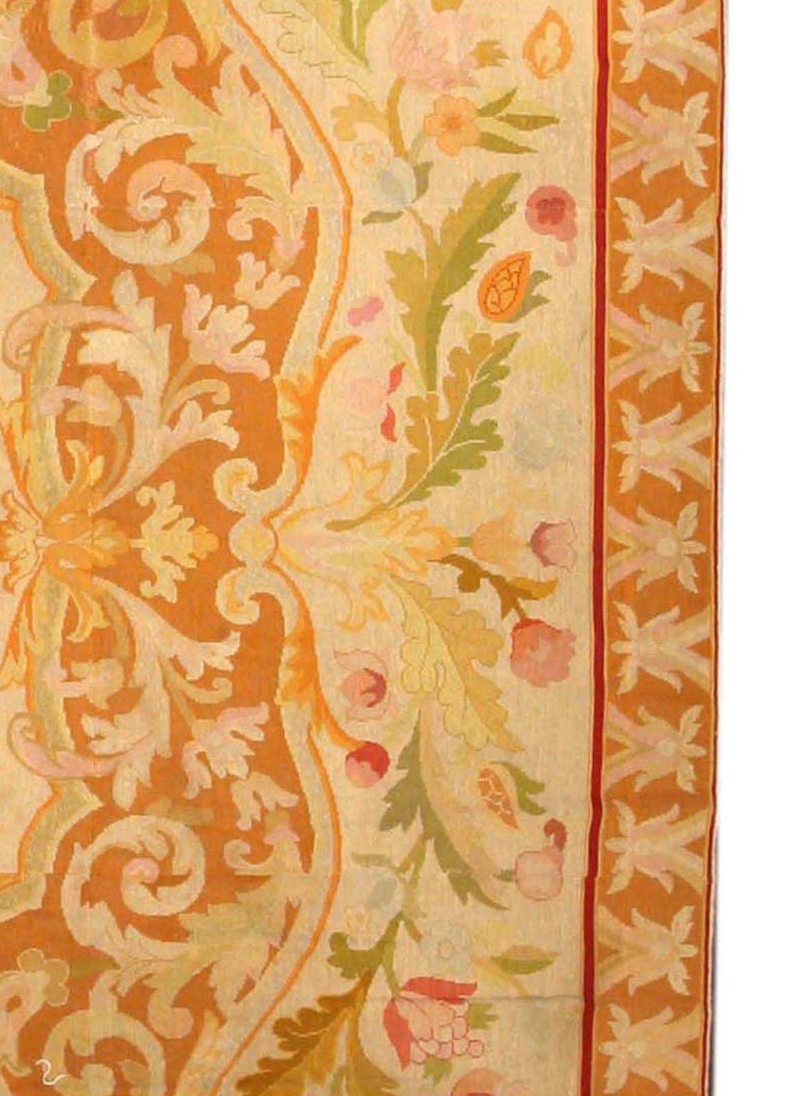 Antique Botanic Orange Needlework Carpet In Good Condition For Sale In New York, NY