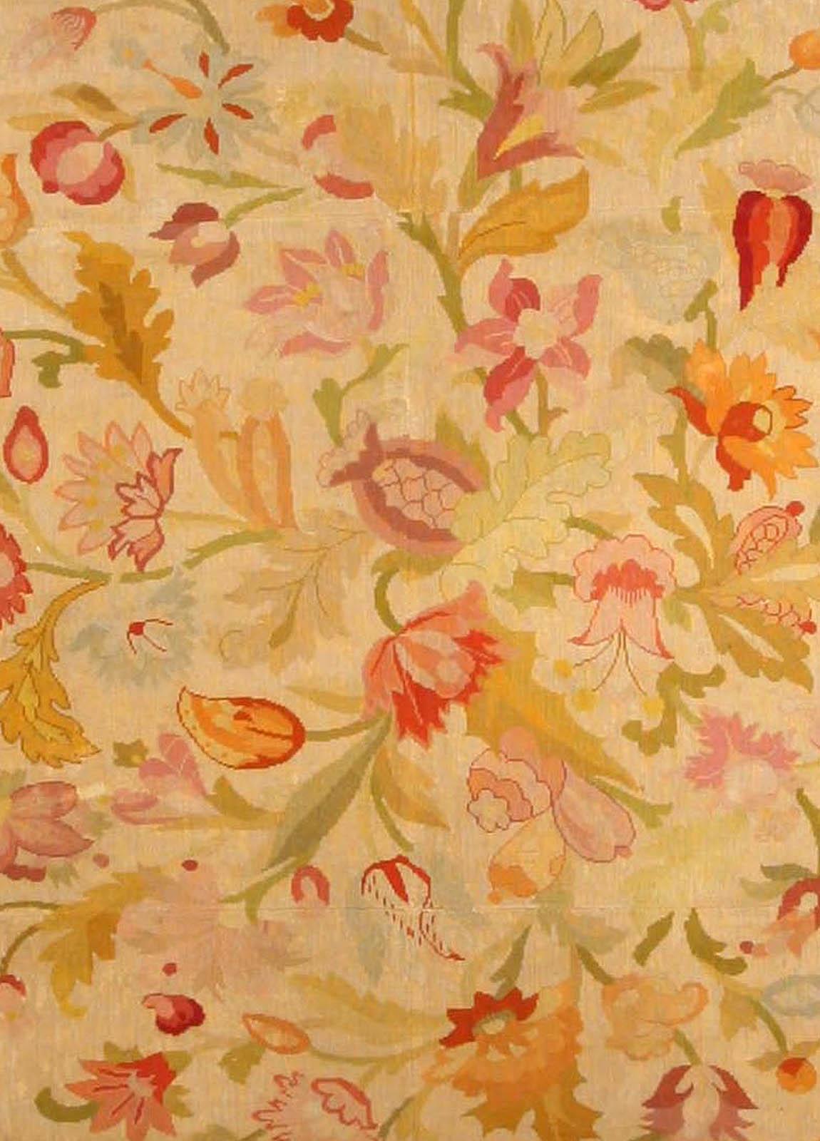 19th Century Antique Botanic Orange Needlework Carpet For Sale