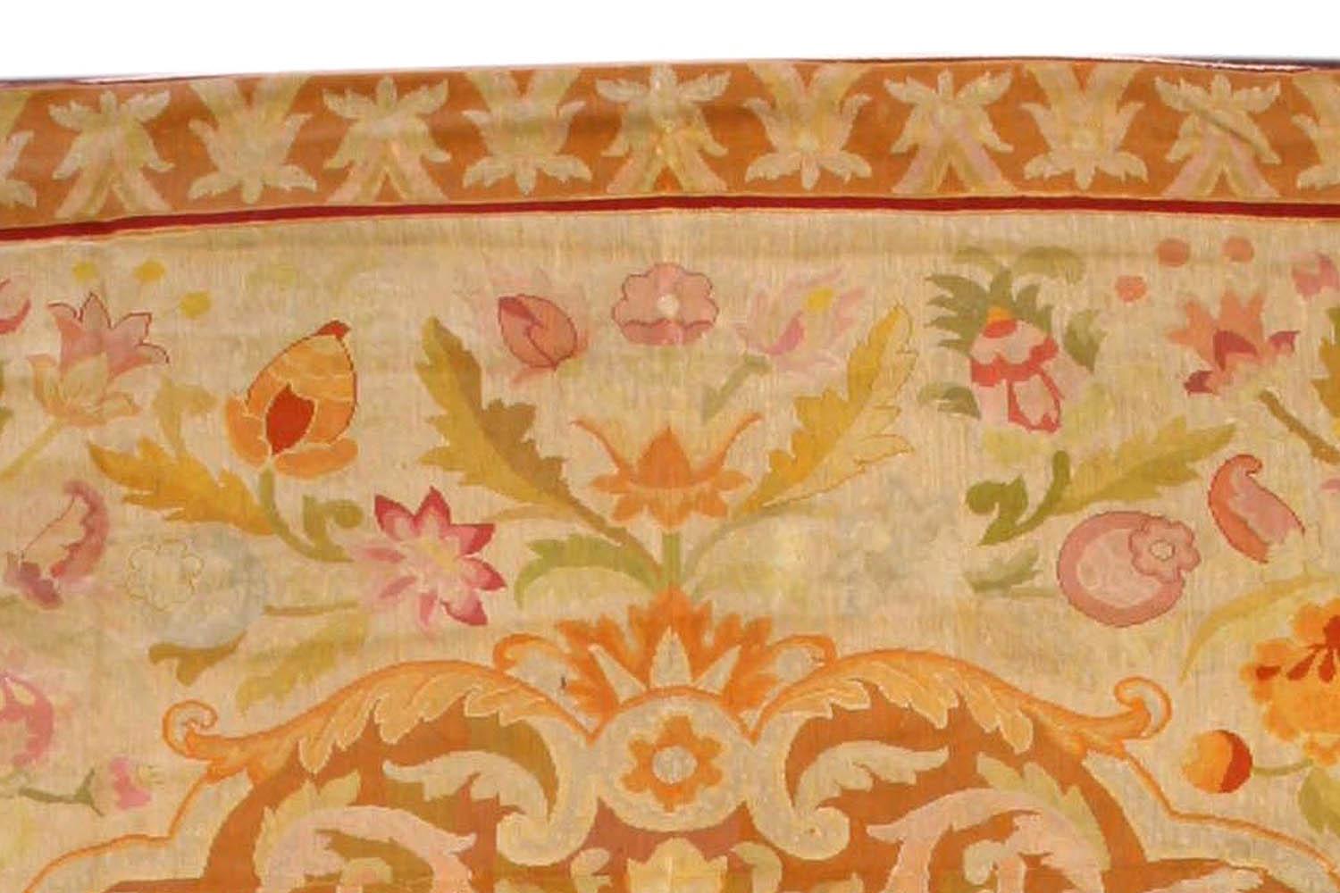 Wool Antique Botanic Orange Needlework Carpet For Sale