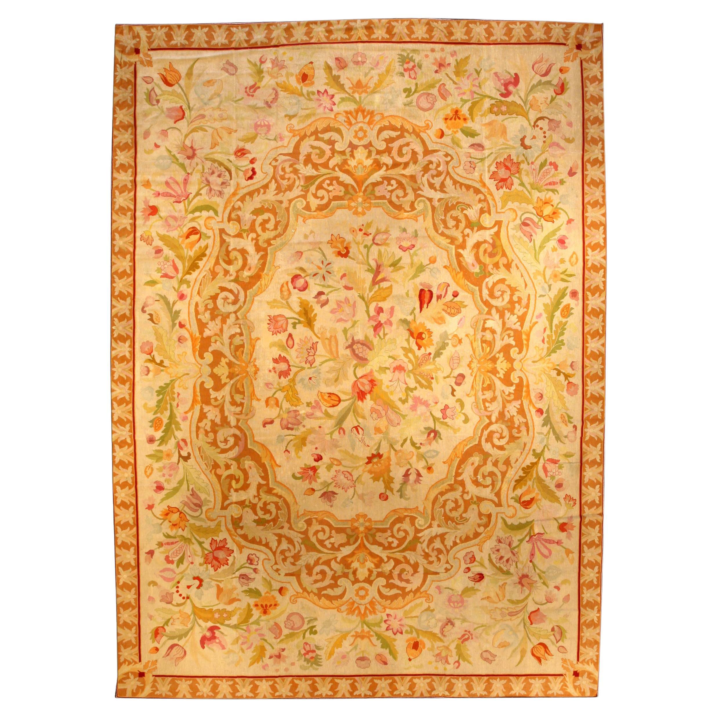 Antique Botanic Orange Needlework Carpet For Sale