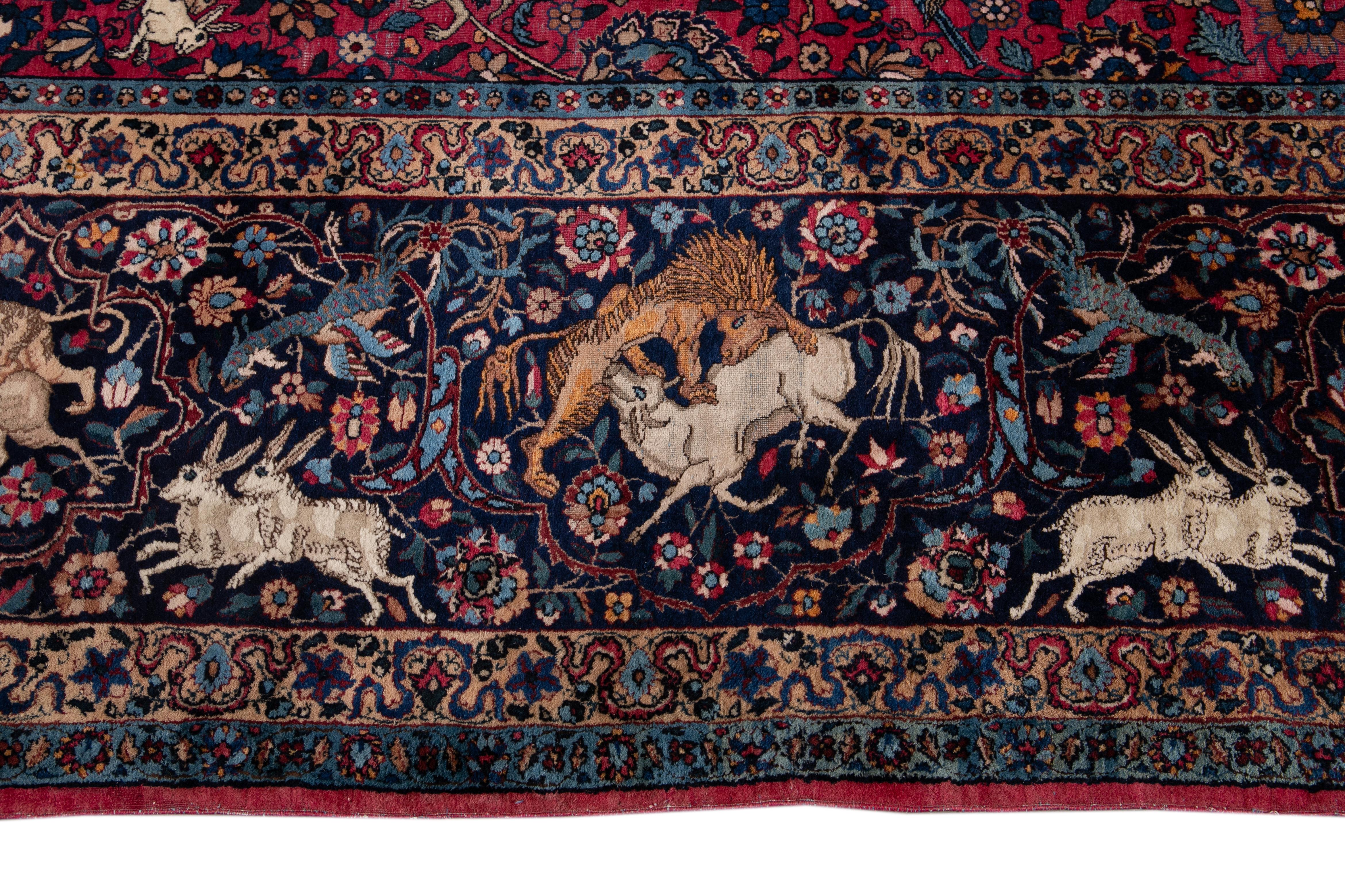 Persian Antique Botanical Animal Kerman Handmade Wool Rug For Sale