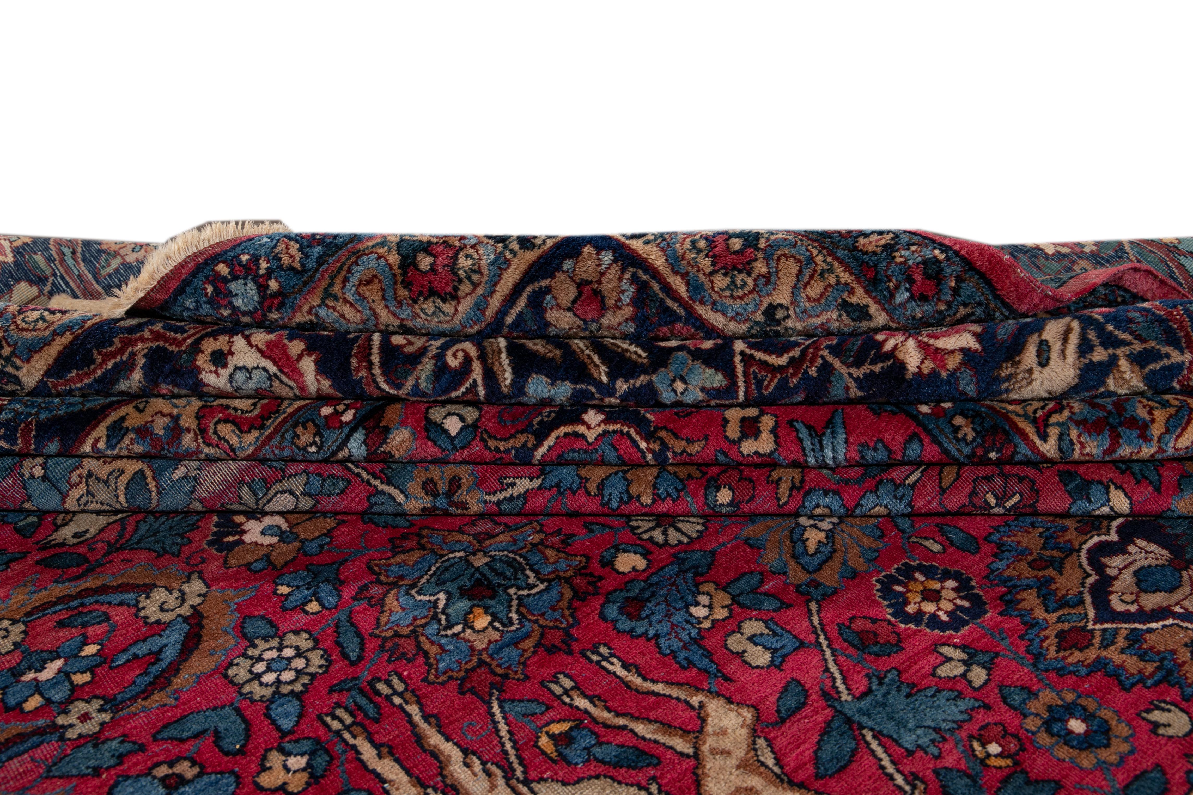 19th Century Antique Botanical Animal Kerman Handmade Wool Rug For Sale