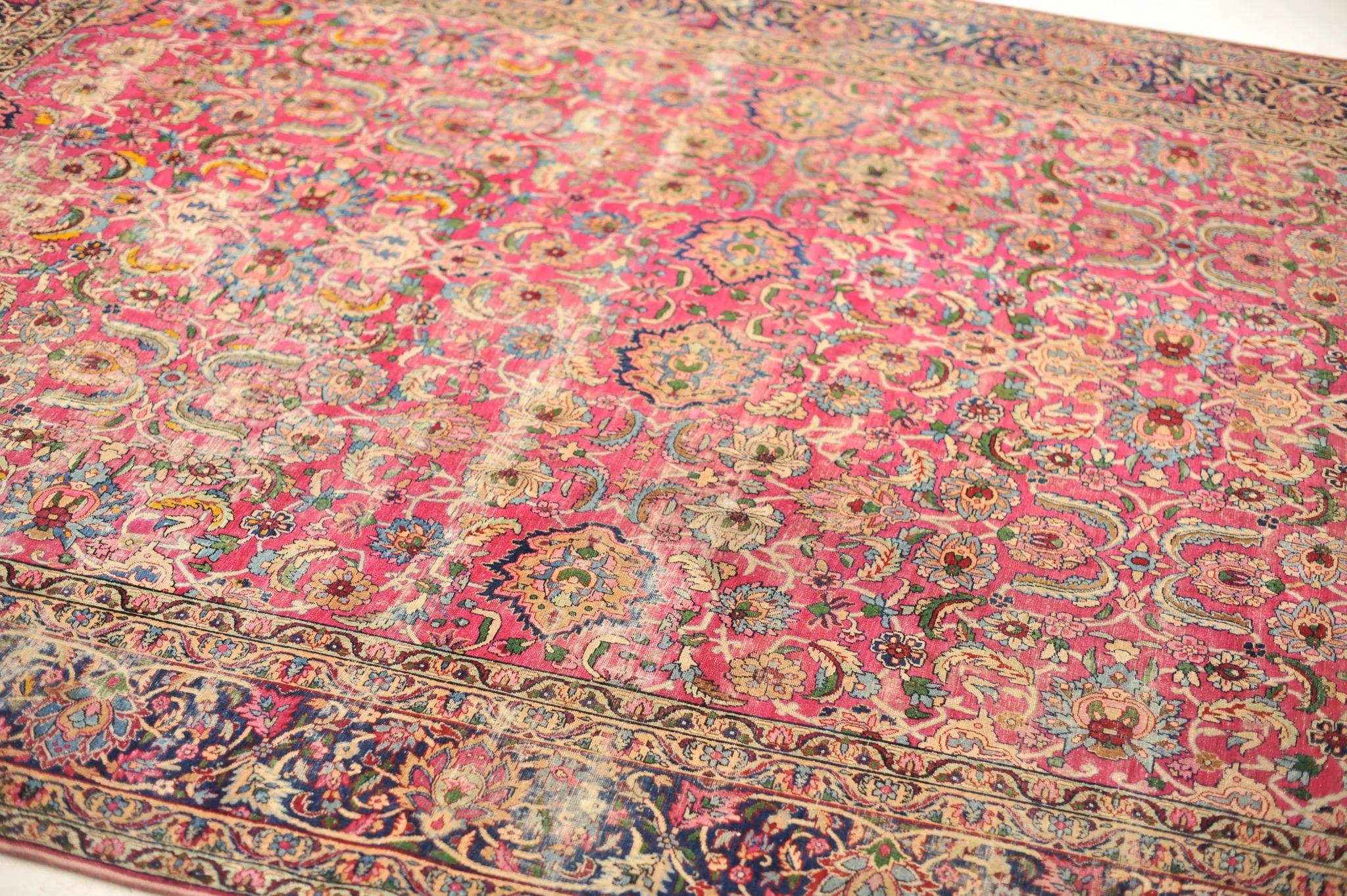 Wool Antique Botanical Beauty Rug with Magenta, Green, Ice Blue Color, circa 1930's For Sale
