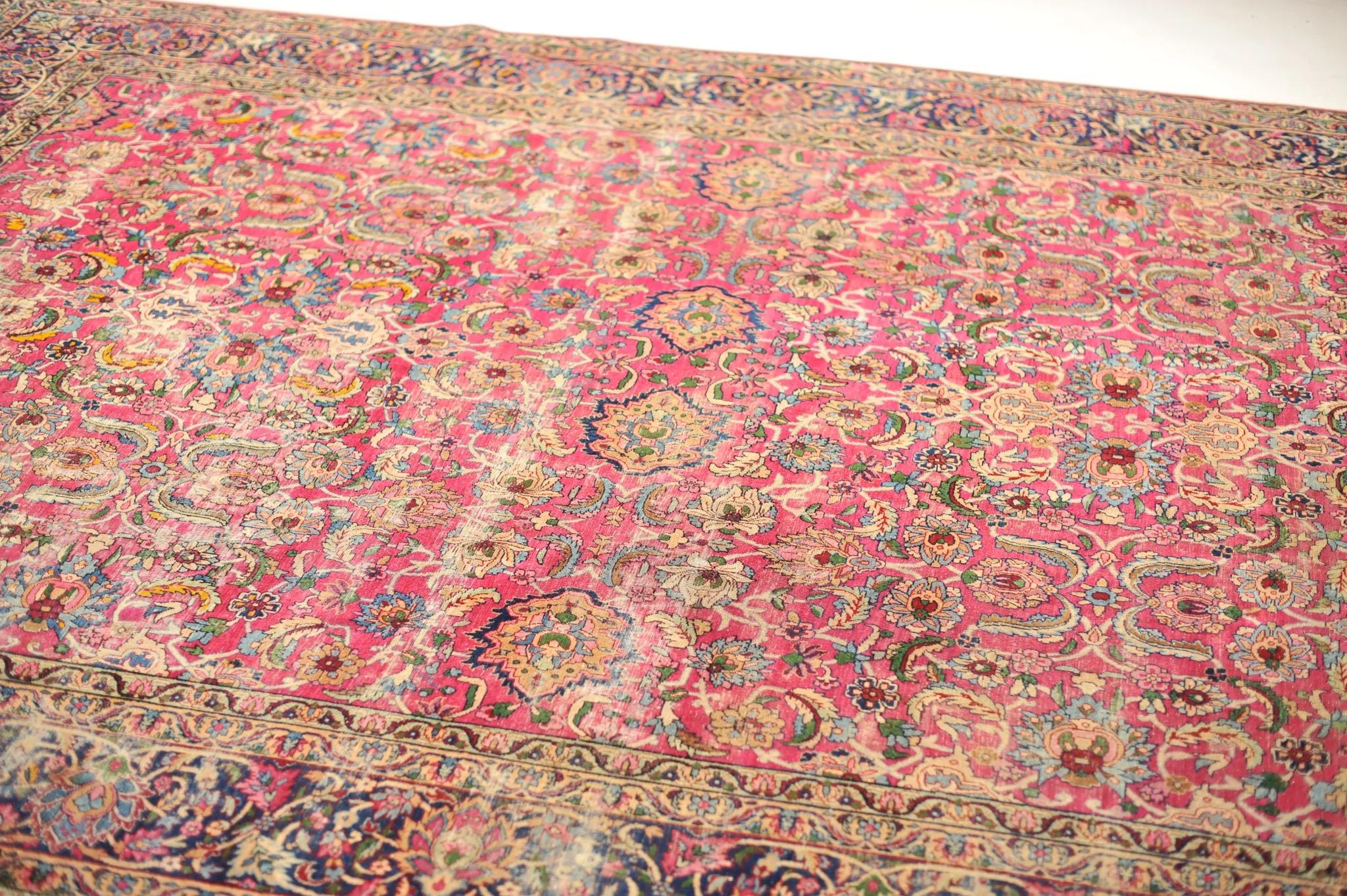 Antique Botanical Beauty Rug with Magenta, Green, Ice Blue Color, circa 1930's For Sale 1