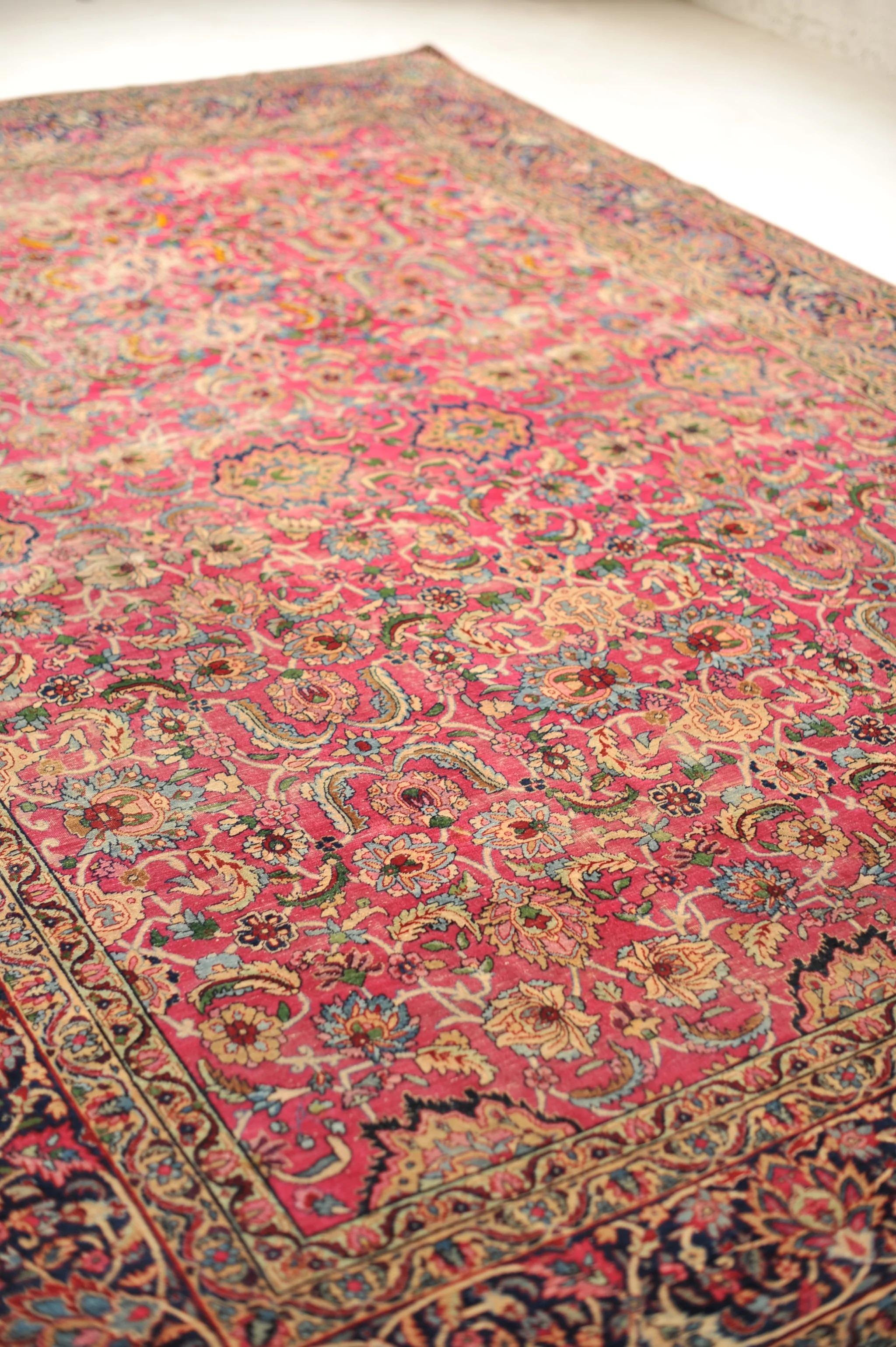 Antique Botanical Beauty Rug with Magenta, Green, Ice Blue Color, circa 1930's For Sale 2