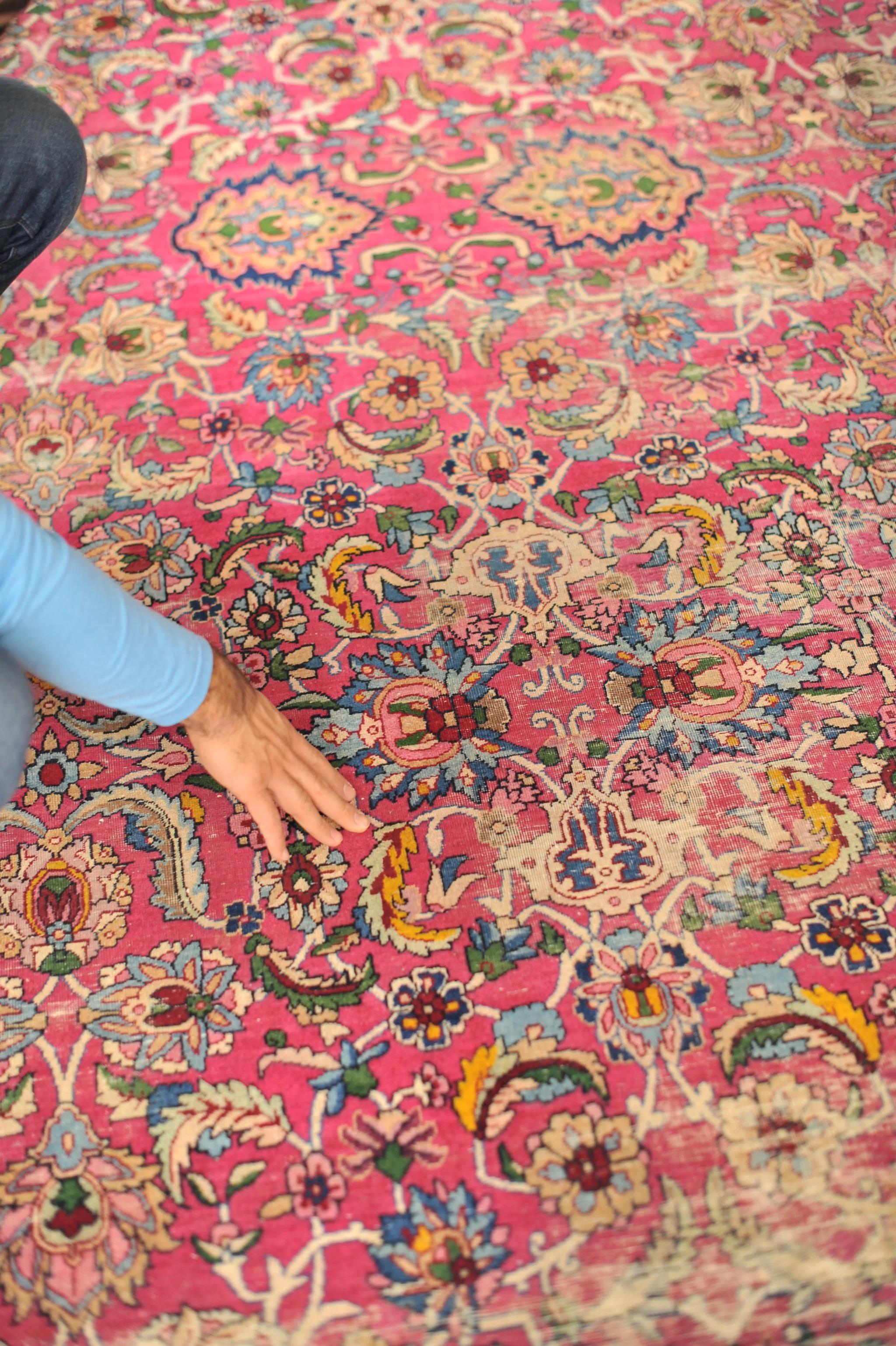 Antique Botanical Beauty Rug with Magenta, Green, Ice Blue Color, circa 1930's For Sale 3