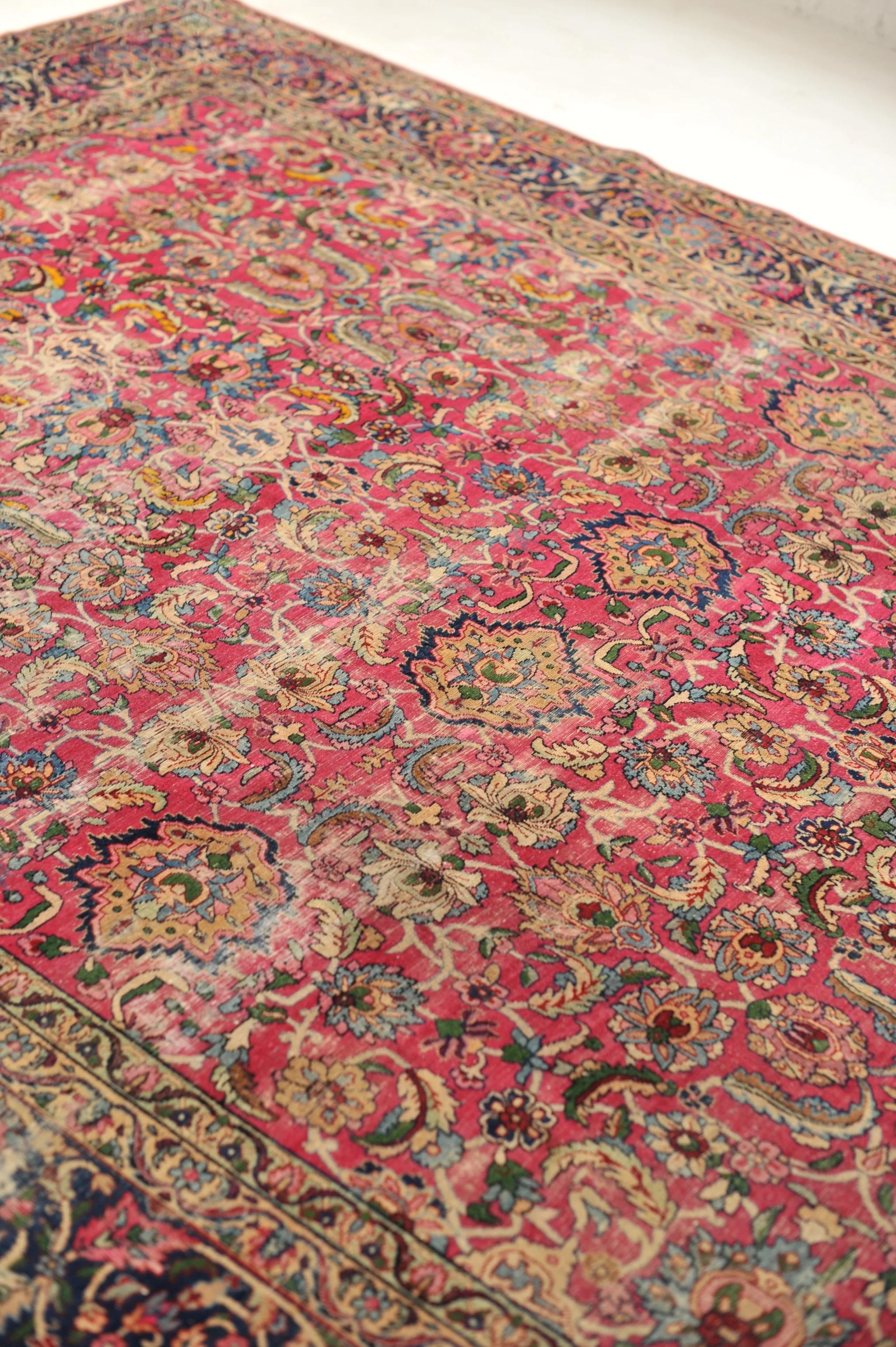 Antique Botanical Beauty Rug with Magenta, Green, Ice Blue Color, circa 1930's For Sale 4