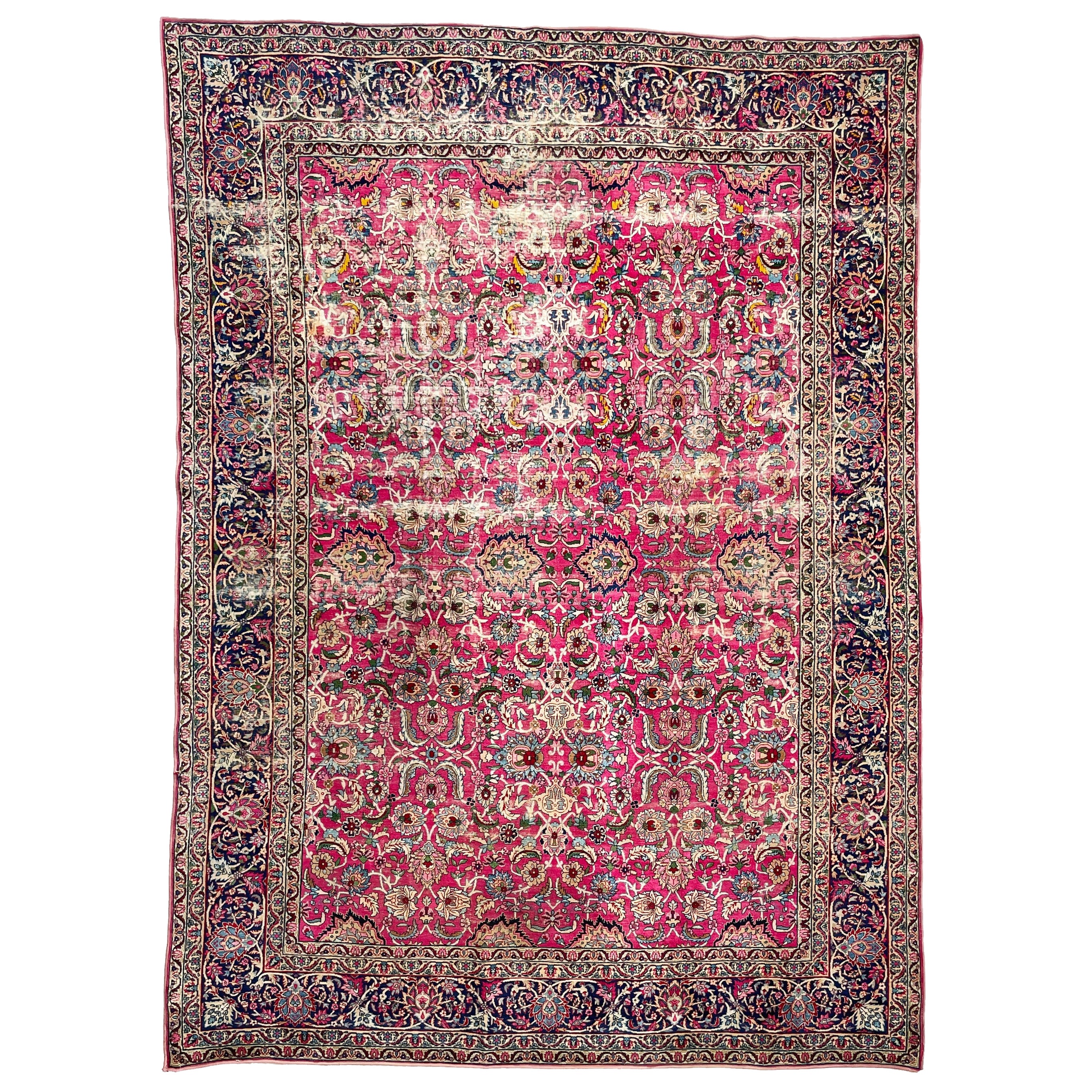 Tapis ancien de beauté botanique avec des couleurs magenta, vert, bleu glace, vers les années 1930 en vente