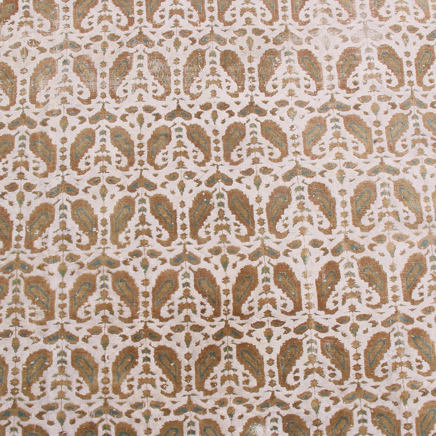 Late 19th Century Antique Boteh Paisley Beige and Off-White Wool Rug