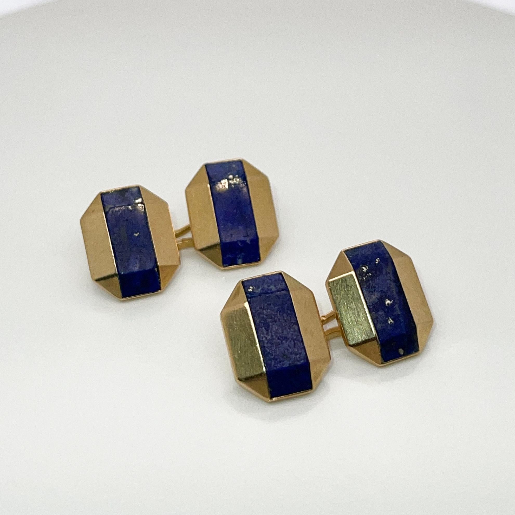 Antique Boucheron Paris French Art Deco 18k Gold & Lapis Lazuli Cufflinks For Sale 5