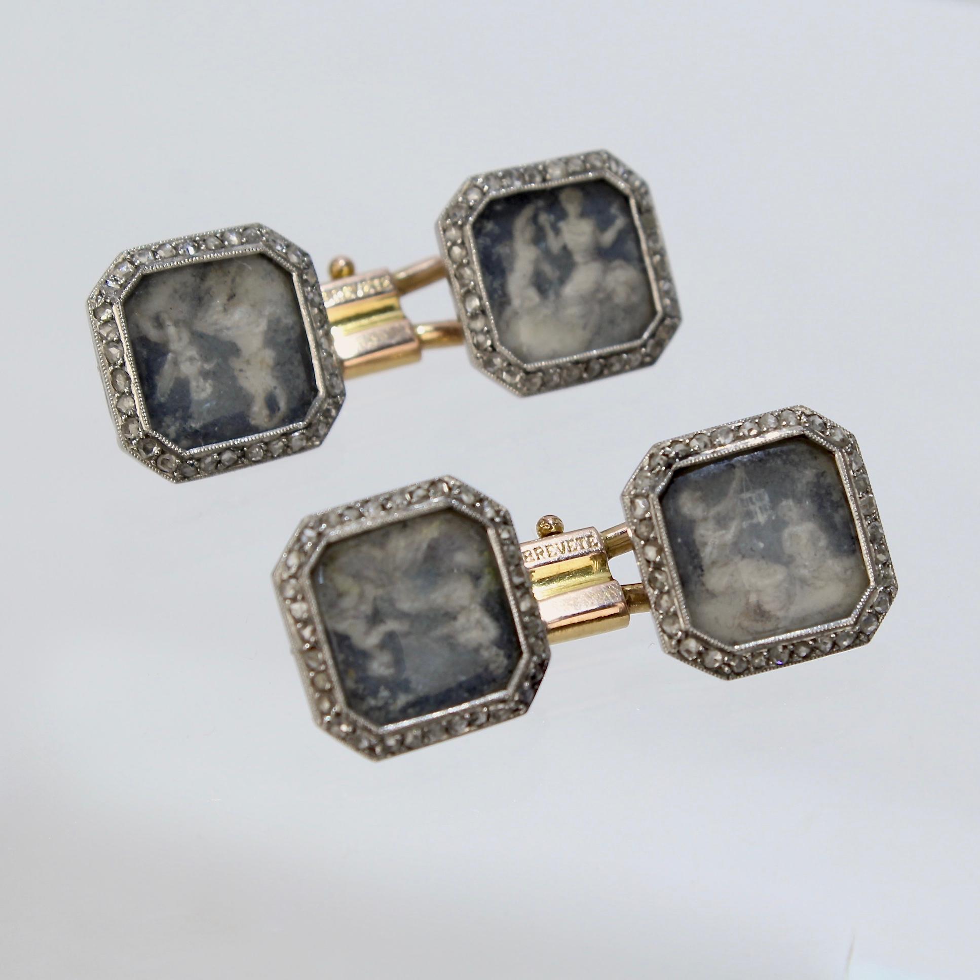 Belle Époque Antique Boucheron Platinum Diamond & 18 Karat Gold Cufflinks with Paillet Cameos
