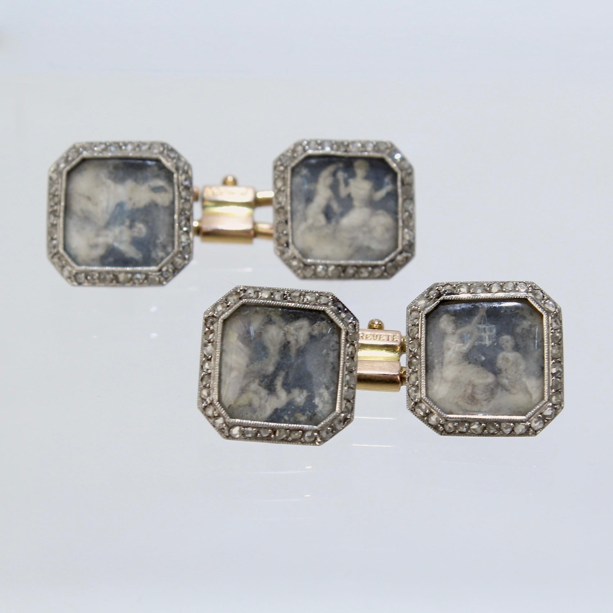 Antique Boucheron Platinum Diamond & 18 Karat Gold Cufflinks with Paillet Cameos In Good Condition In Philadelphia, PA