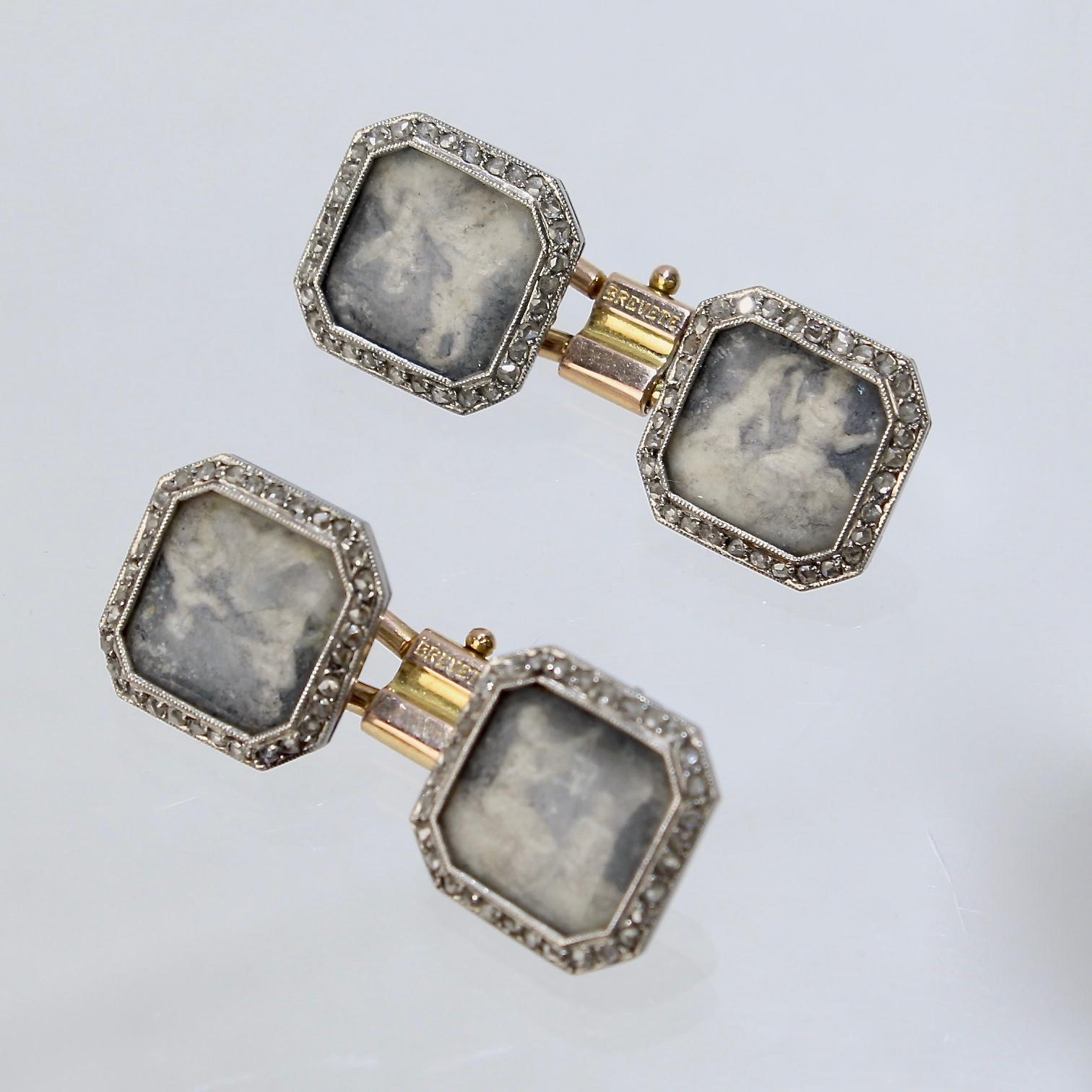 Antique Boucheron Platinum Diamond & 18 Karat Gold Cufflinks with Paillet Cameos 3