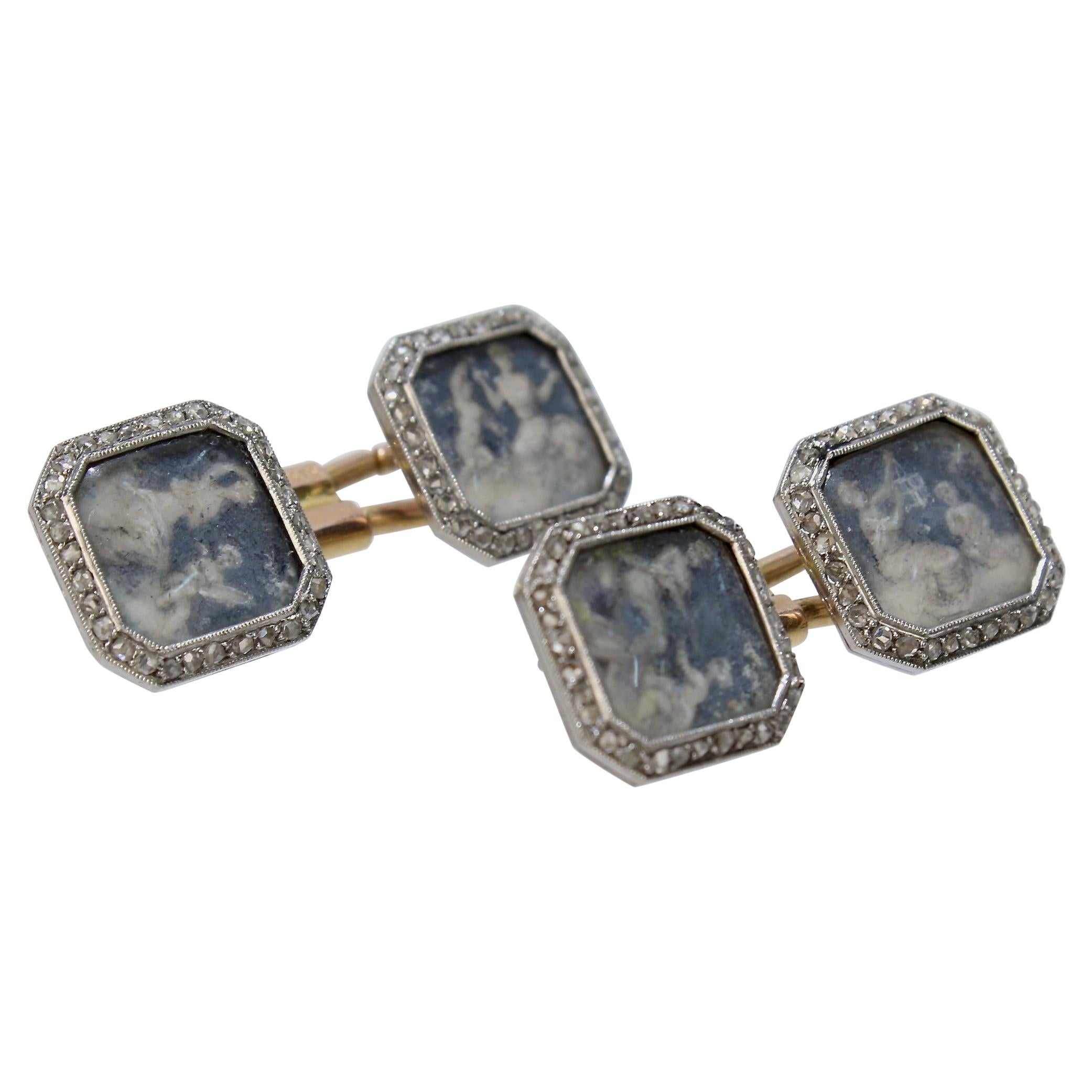 Antique Boucheron Platinum Diamond & 18 Karat Gold Cufflinks with Paillet Cameos