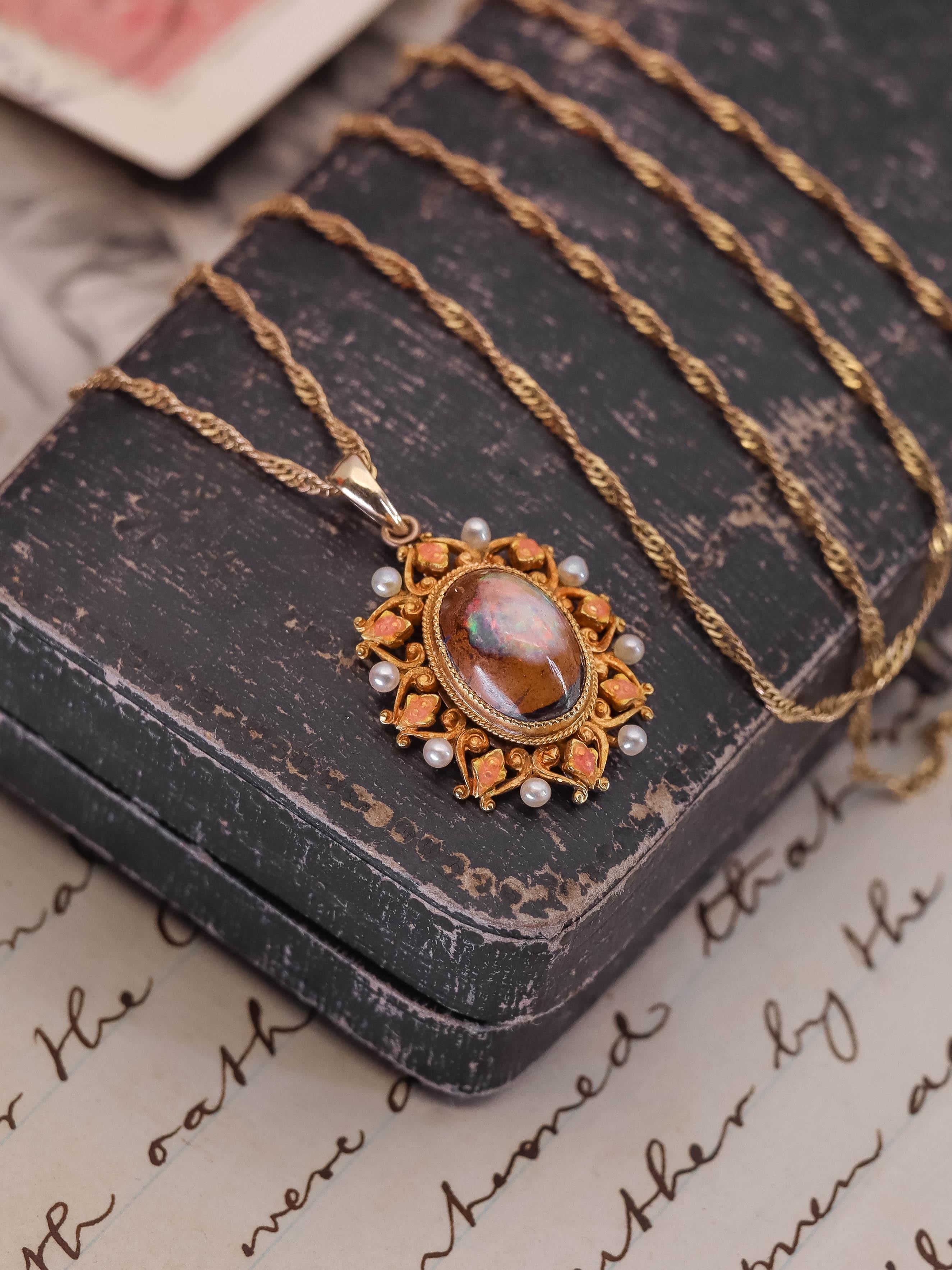 Collier de conversion d'opale de Boulder antique en or 14k en vente 1