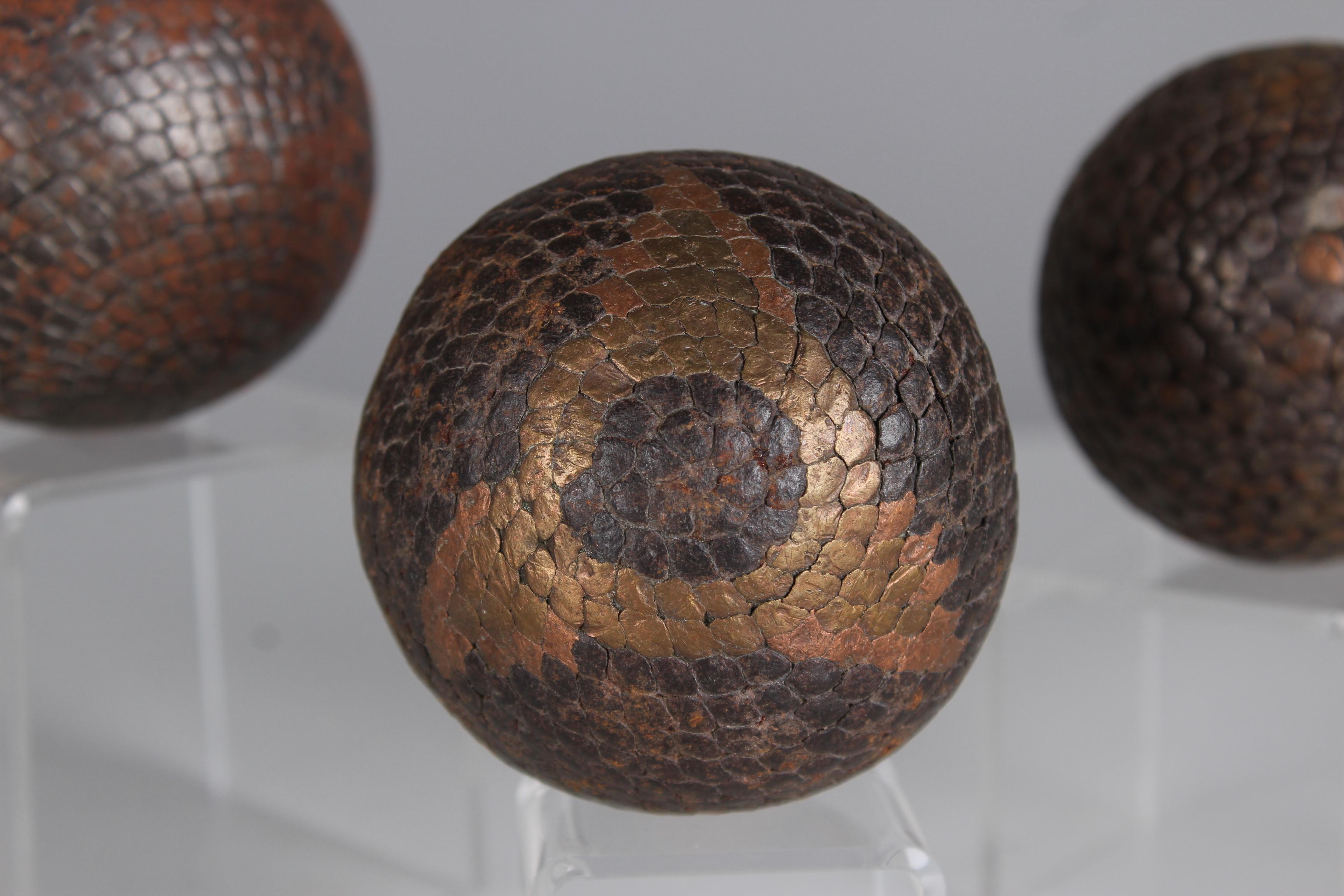 Beautiful, unique Boule set of three Boule balls, France, late 19th Century.

In the 19th century, the manufacture of boules balls underwent significant development in France as the game of boules, particularly the pétanque variant, gained in