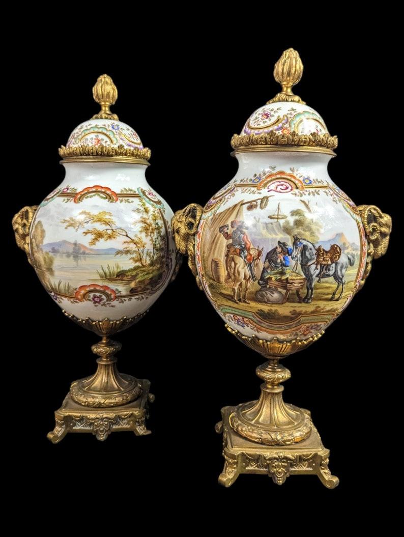 Rococo Antique Bourdois Bloch Paris War Scenery Urns With Bronze Ram Head Handles
