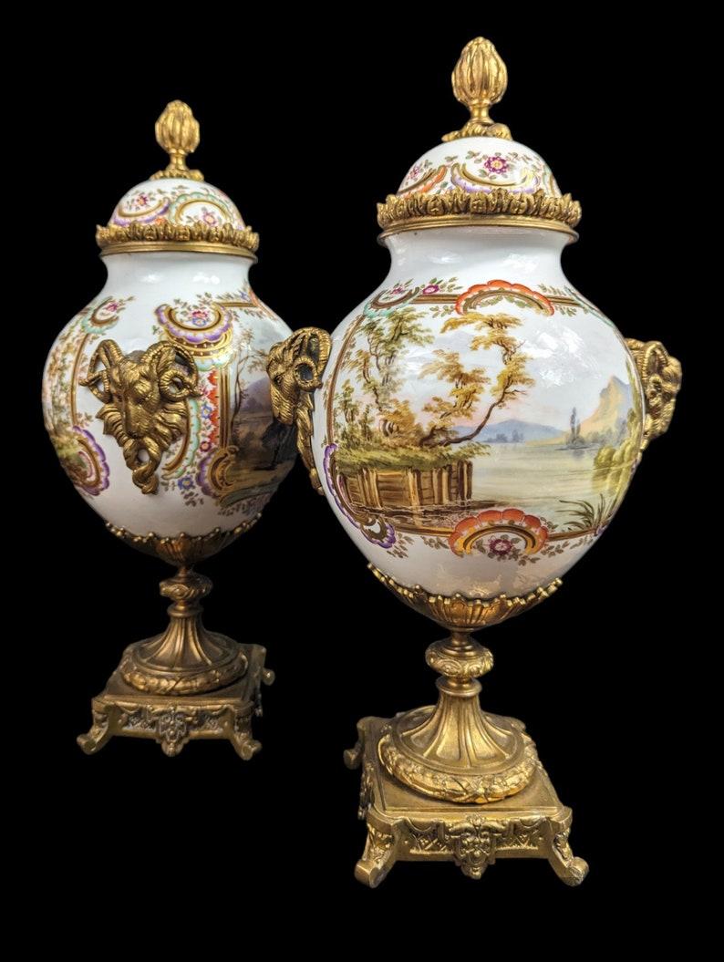 French Antique Bourdois Bloch Paris War Scenery Urns With Bronze Ram Head Handles