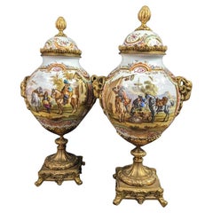 Antique Bourdois Bloch Paris War Scenery Urns With Bronze Ram Head Handles