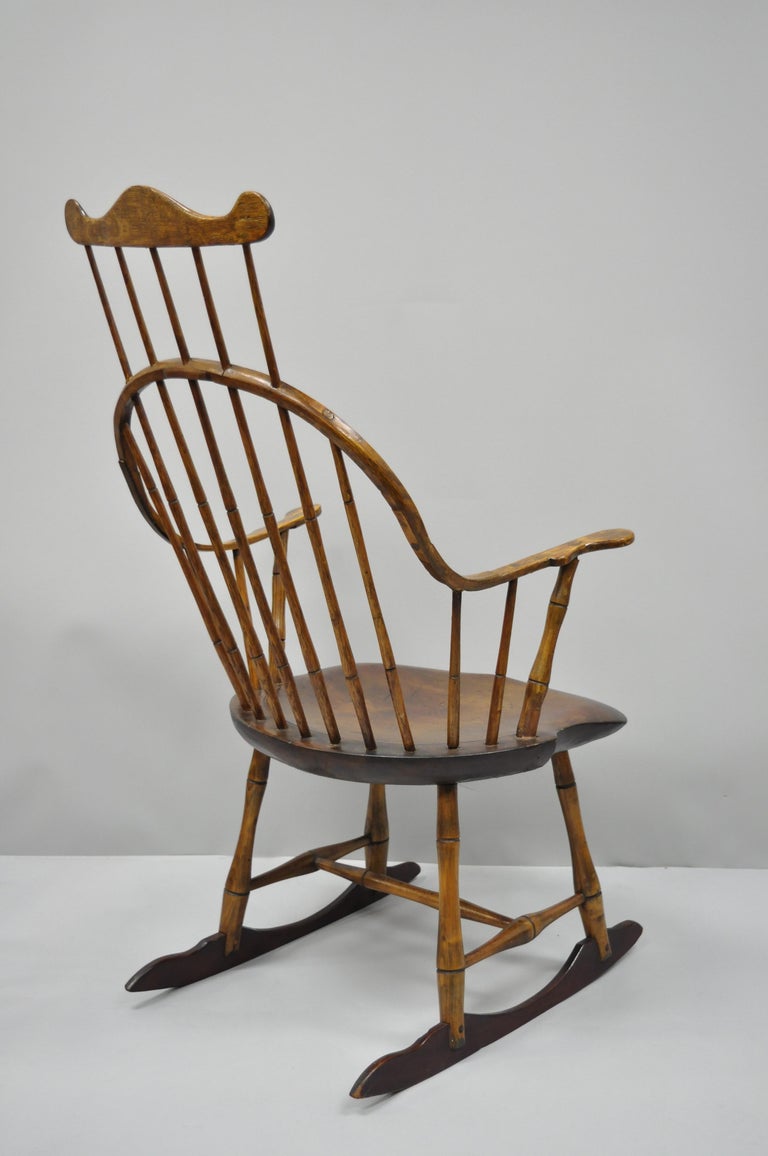 Antique Bow Back Windsor Oak and Pine Wood Rocking Chair Colonial