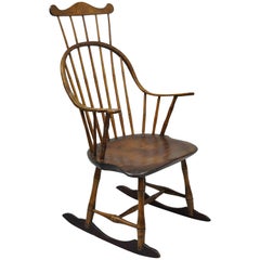 Antique Bow Back Windsor Oak and Pine Wood Rocking Chair Colonial Rocker