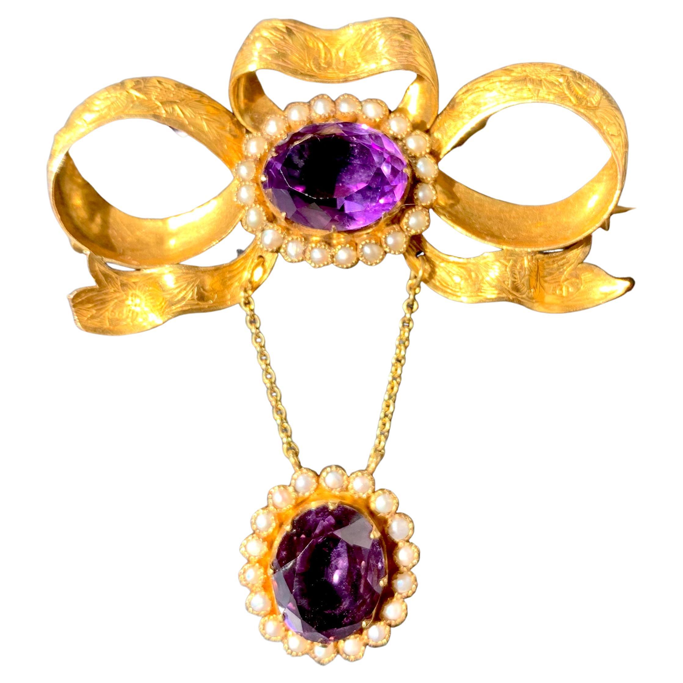 Antique Bow Brooch Russian Amethyst 14 Karat Gold Oriental Pearls For Sale