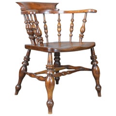 Antique Bow Chair, Smokers Captains English Victorian Elm Windsor, circa 1870