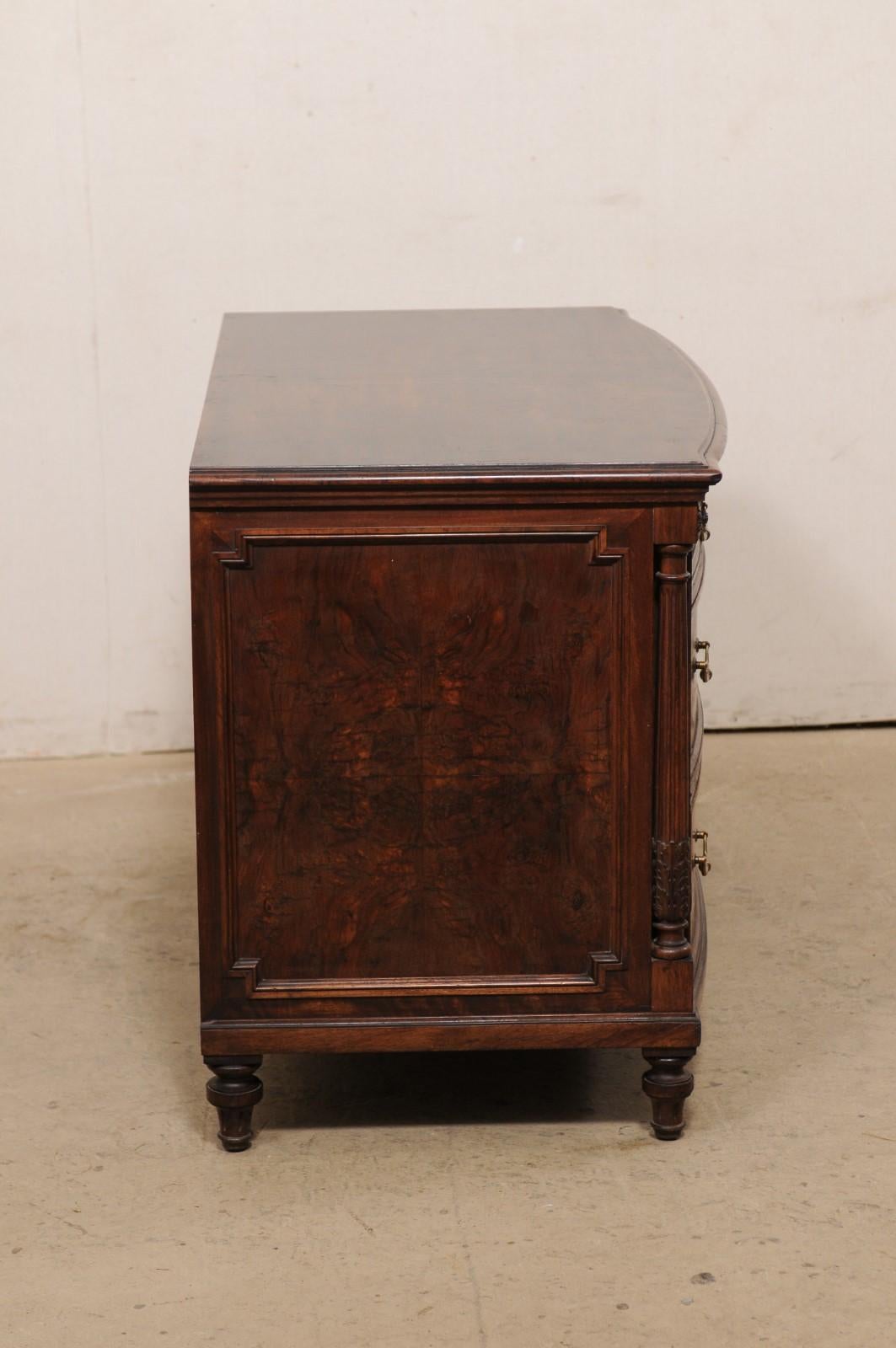 20th Century Antique Bow-Front 5-Drawer Crotch-Mahogany Wood Chest w/Carved Column Sideposts