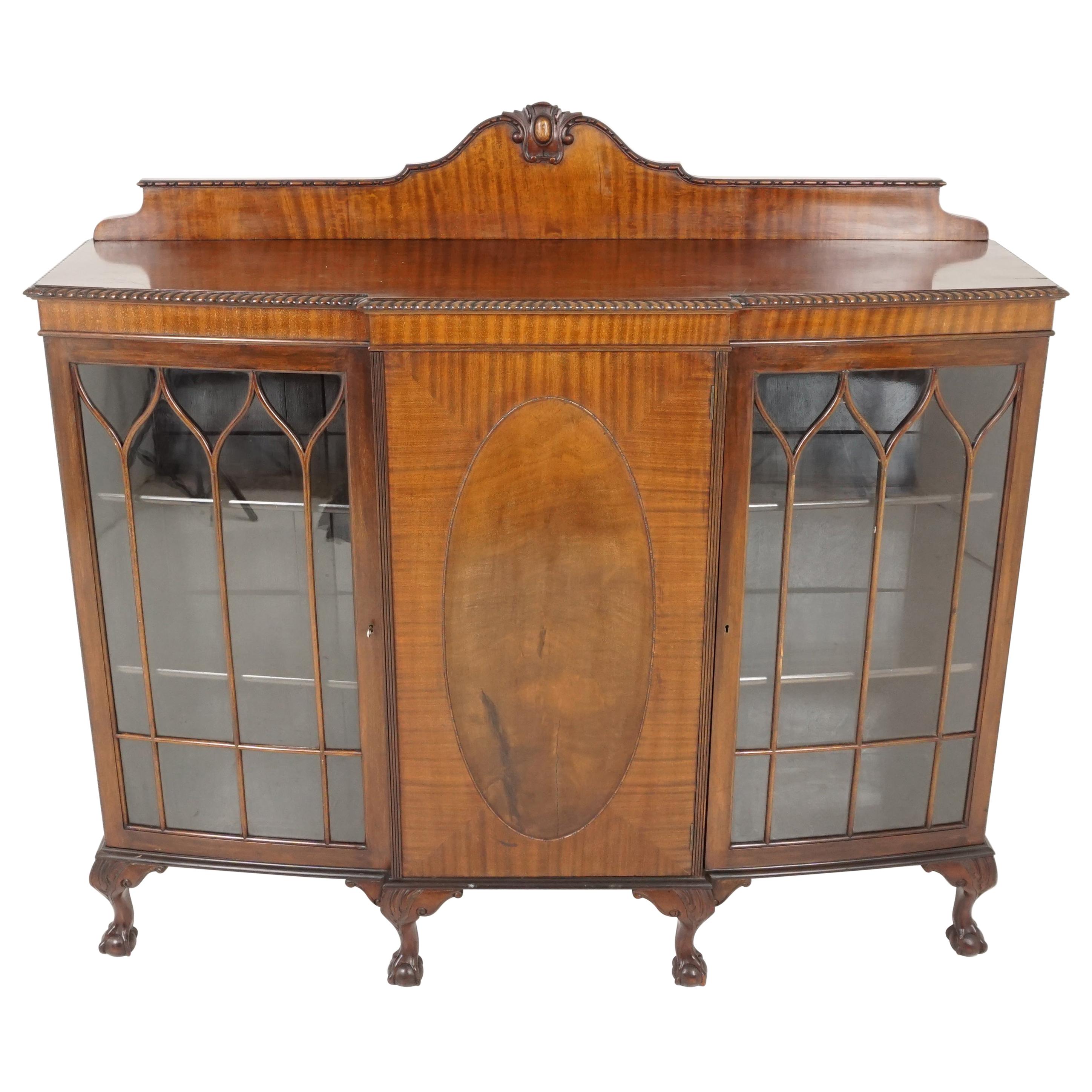 Antique Bow Front Bookcase, Walnut Display Cabinet, Scotland 1910, B1934