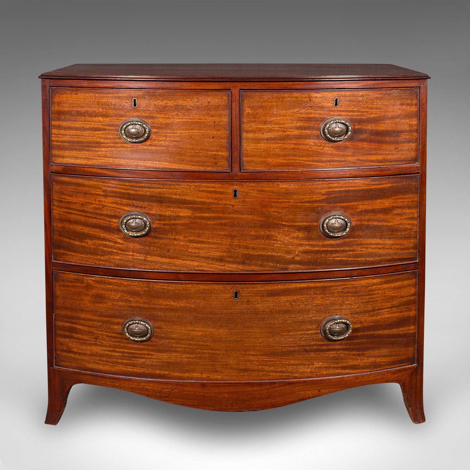 British Antique Bow Front Chest of Drawers, English, Bachelors, Bedroom, Georgian, 1790
