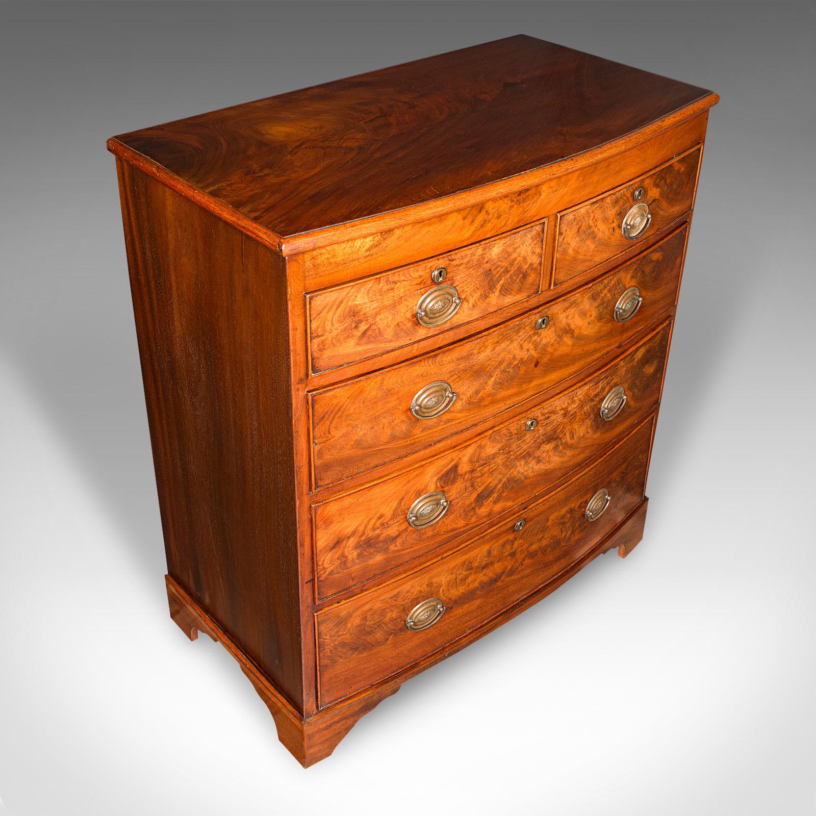 Wood Antique Bow Front Chest Of Drawers, English, Tallboy, Bedroom, Georgian, C.1800