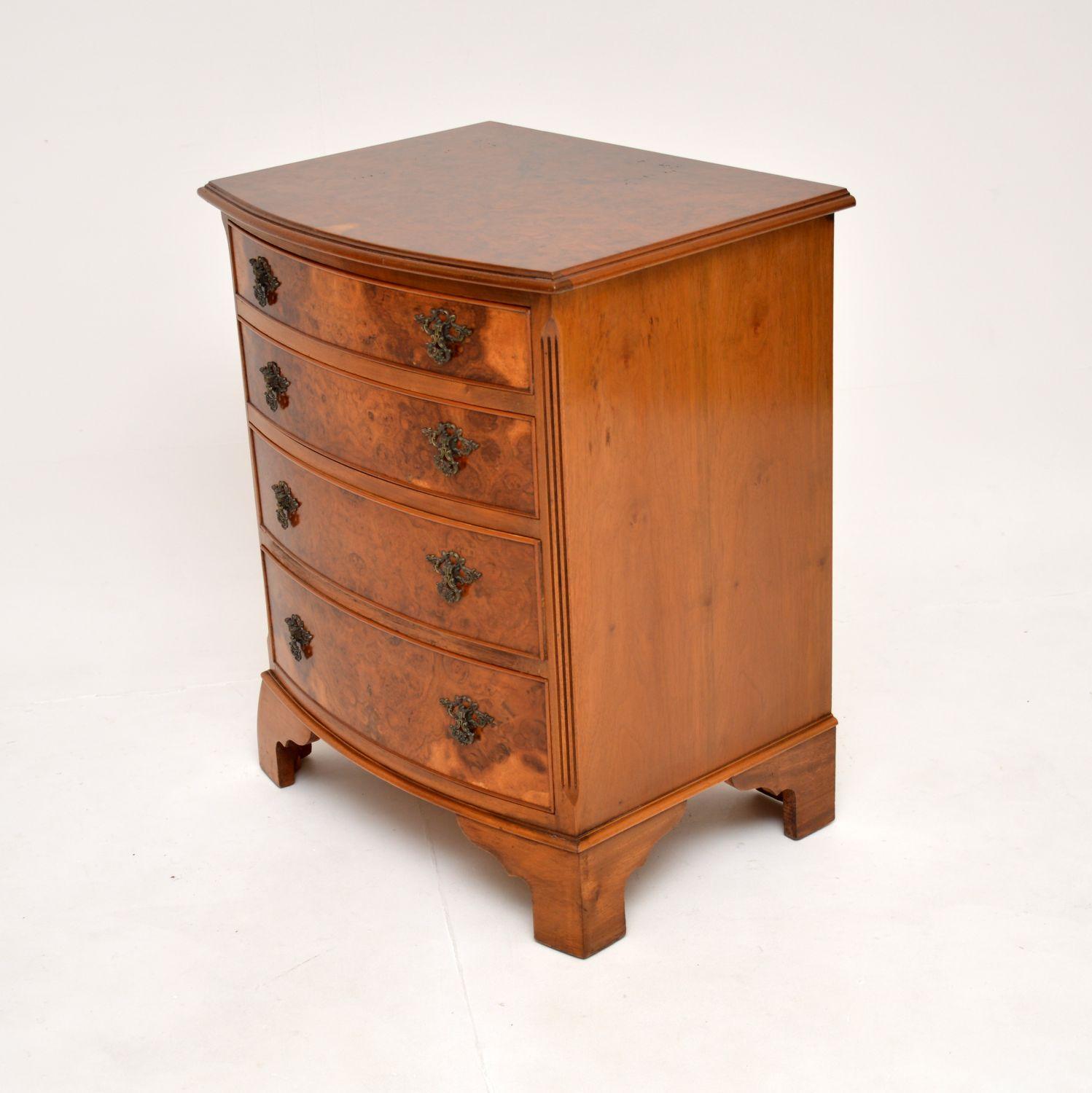 British Antique Bow Front Chest of Drawers in Burr Walnut