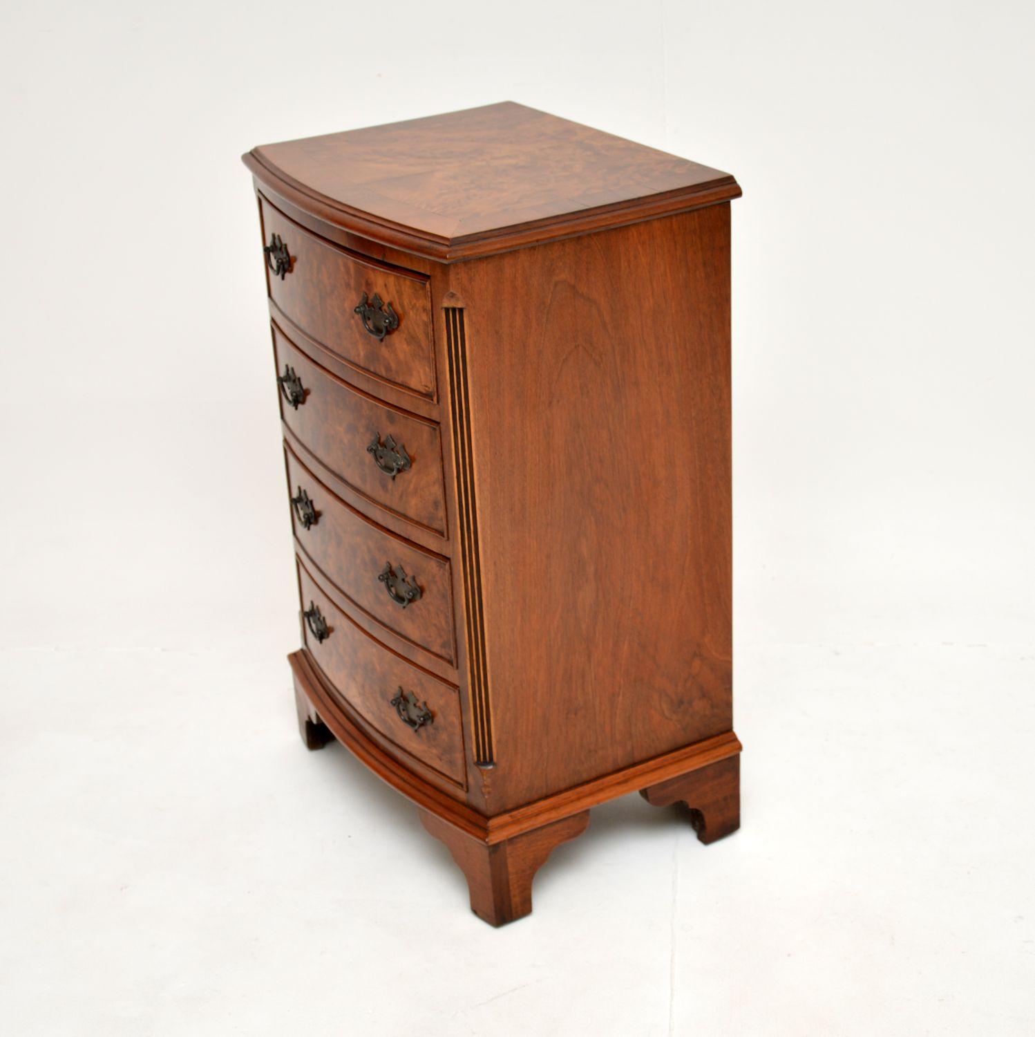 British Antique Bow Front Chest of Drawers in Burr Walnut