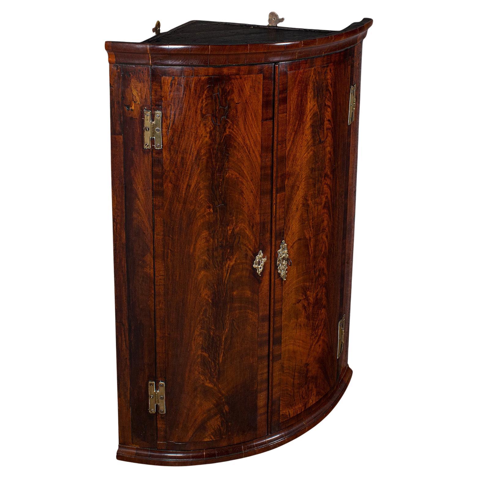 Antique Bow Front Corner Cabinet, English, Flame, Wall Cupboard, Georgian, 1780